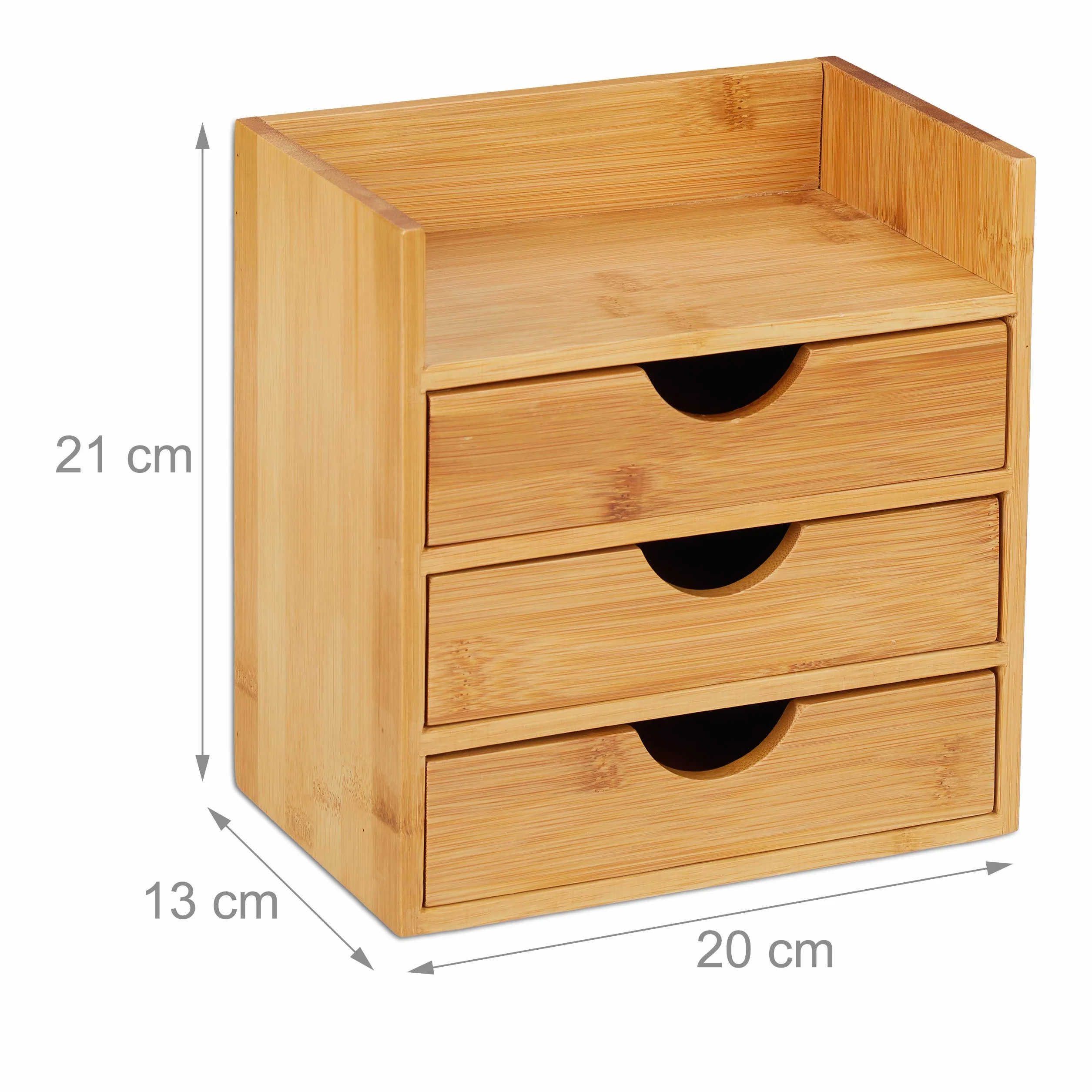 Relaxdays Naturalny organizer na biurko, półka, 3 szuflady, na przybory biurowe, bambusowe pudełko z szufladami, wys. x gł.: 21 x 20 x 13 cm, 1 sztuka