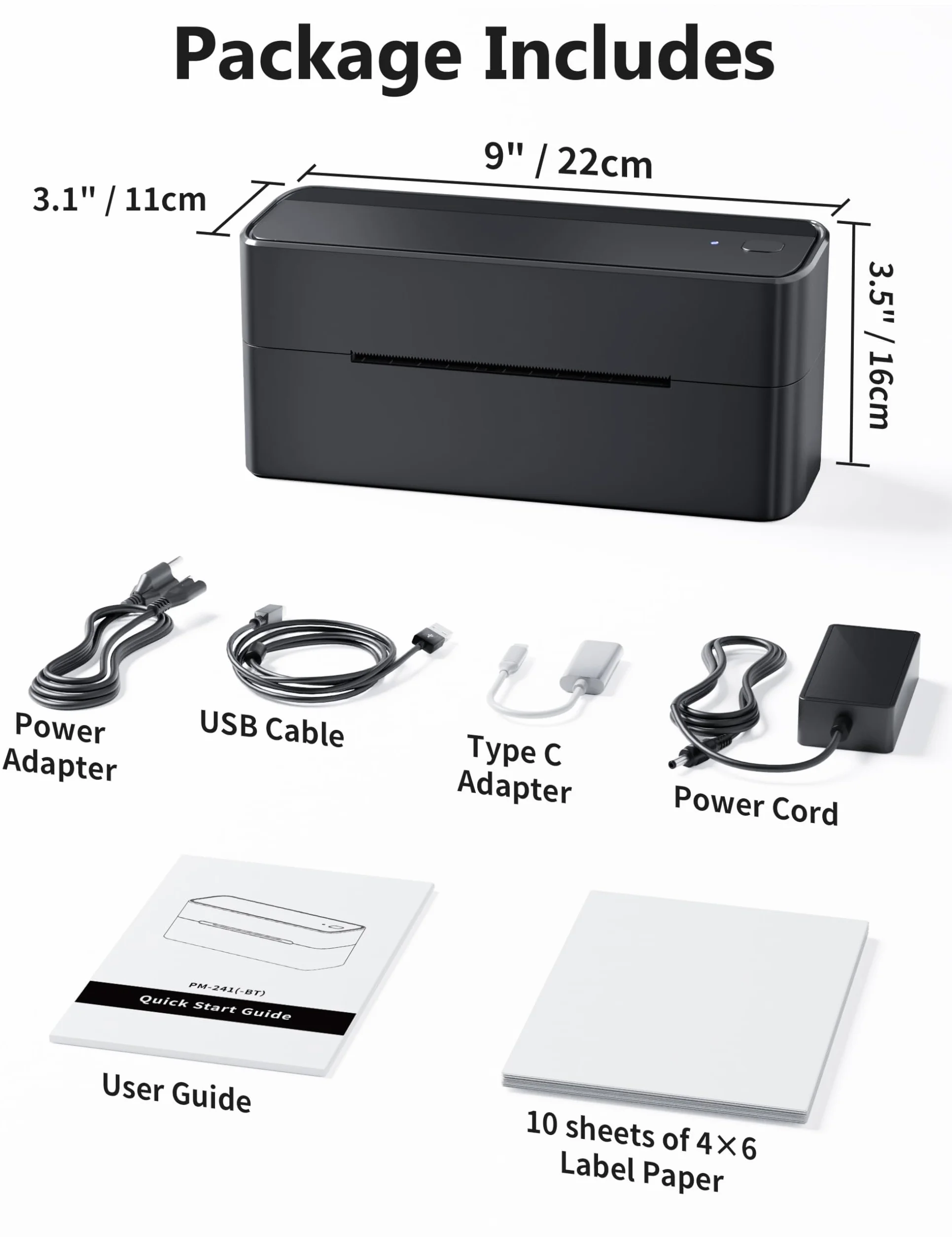 Phomemo Drukarka termiczna 241BT, drukarka etykiet wysyłkowych 4 x 6, drukarka etykiet pocztowych obsługuje Bluetooth, kompatybilna z Royal Mail, Hermes, Etsy, Shopify, eBay, Amazon, FedEx, UPS