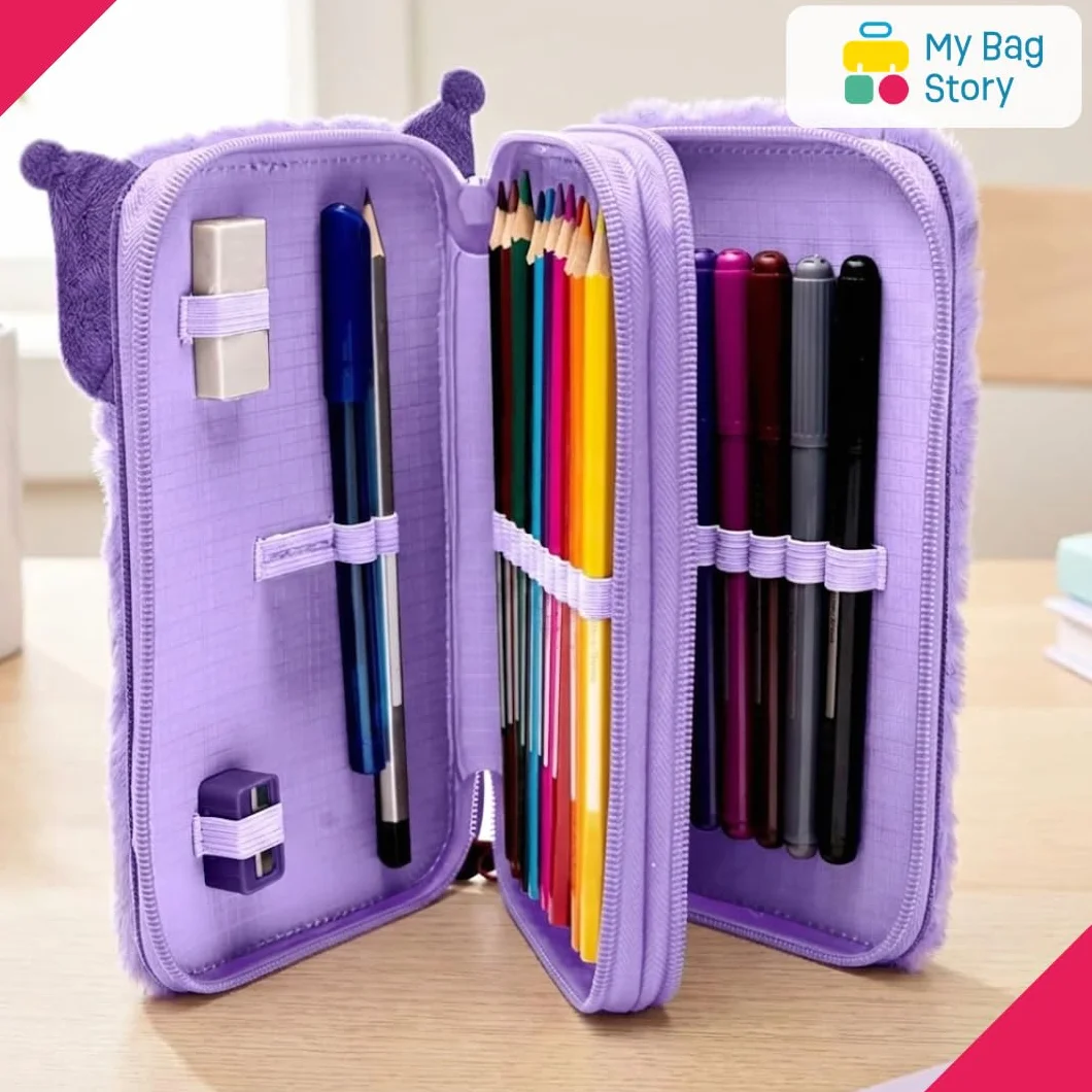 mybagstory | Pluszowy piórnik Kuromi z 2 przegródkami | Kompletny zestaw szkolny 28 akcesoriów do kolorowania, miękki fioletowy kawaii design dla dziewczynek i fanów Sanrio | Wymiary 12x20x4 cm