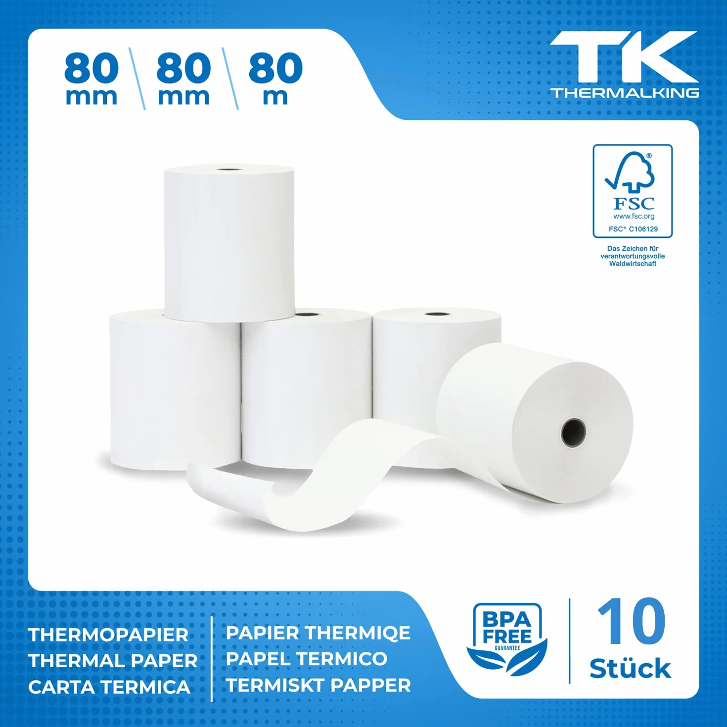 Opakowanie 10 rolek termicznych premium 80mm x 80mm x 12mm - rolki paragonowe z papieru termicznego (80 80 12) - certyfikowane do drukarek kasowych takich jak IBM, Metapace i wielu innych.