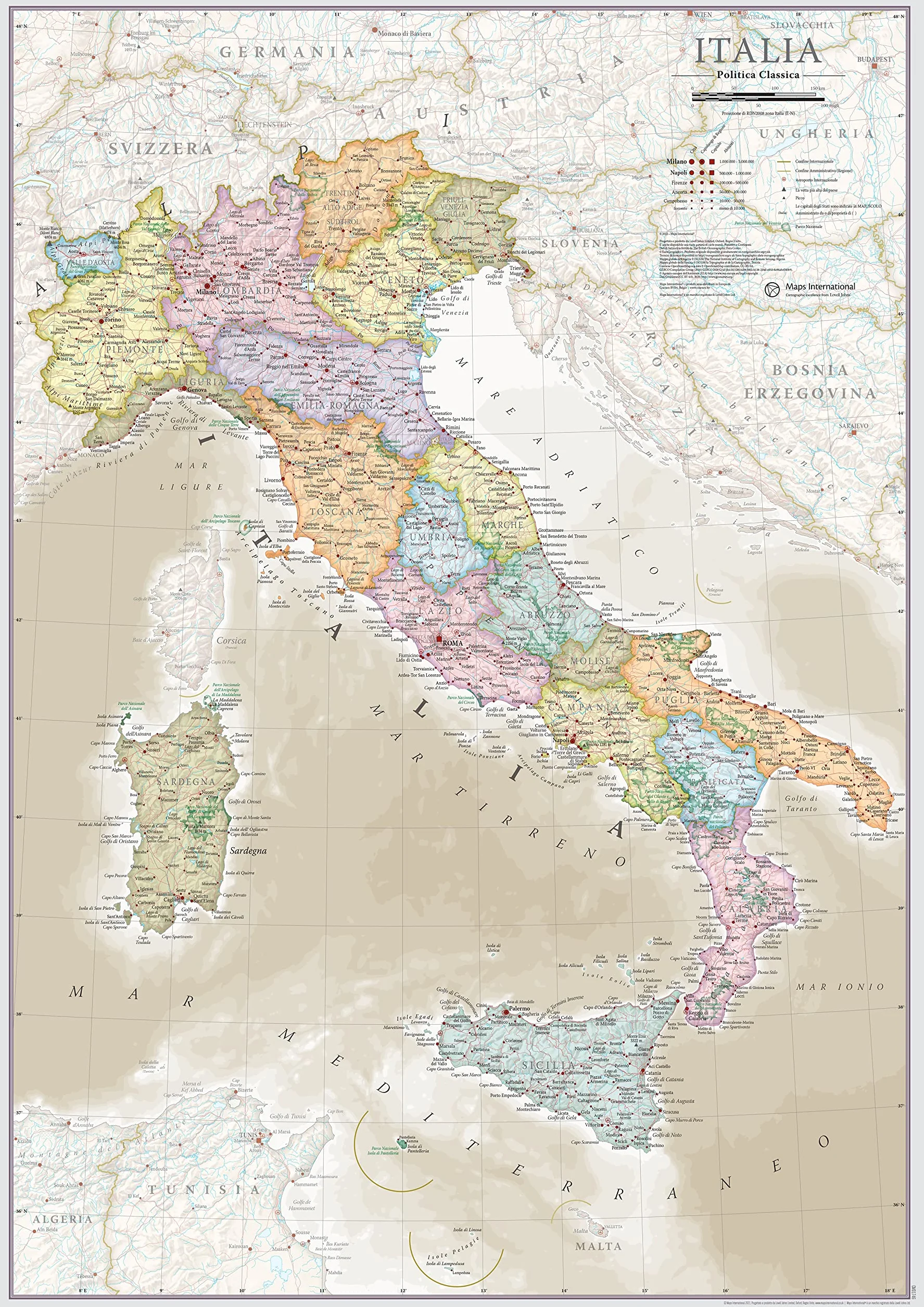 Maps International Ścienna mapa Włoch, klasyczny plakat, 59 x 42 cm