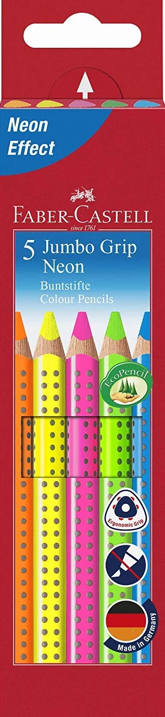 Faber-Castell Jumbo Grip Neon kredki, 5 sztuk w etui, 2 opakowania