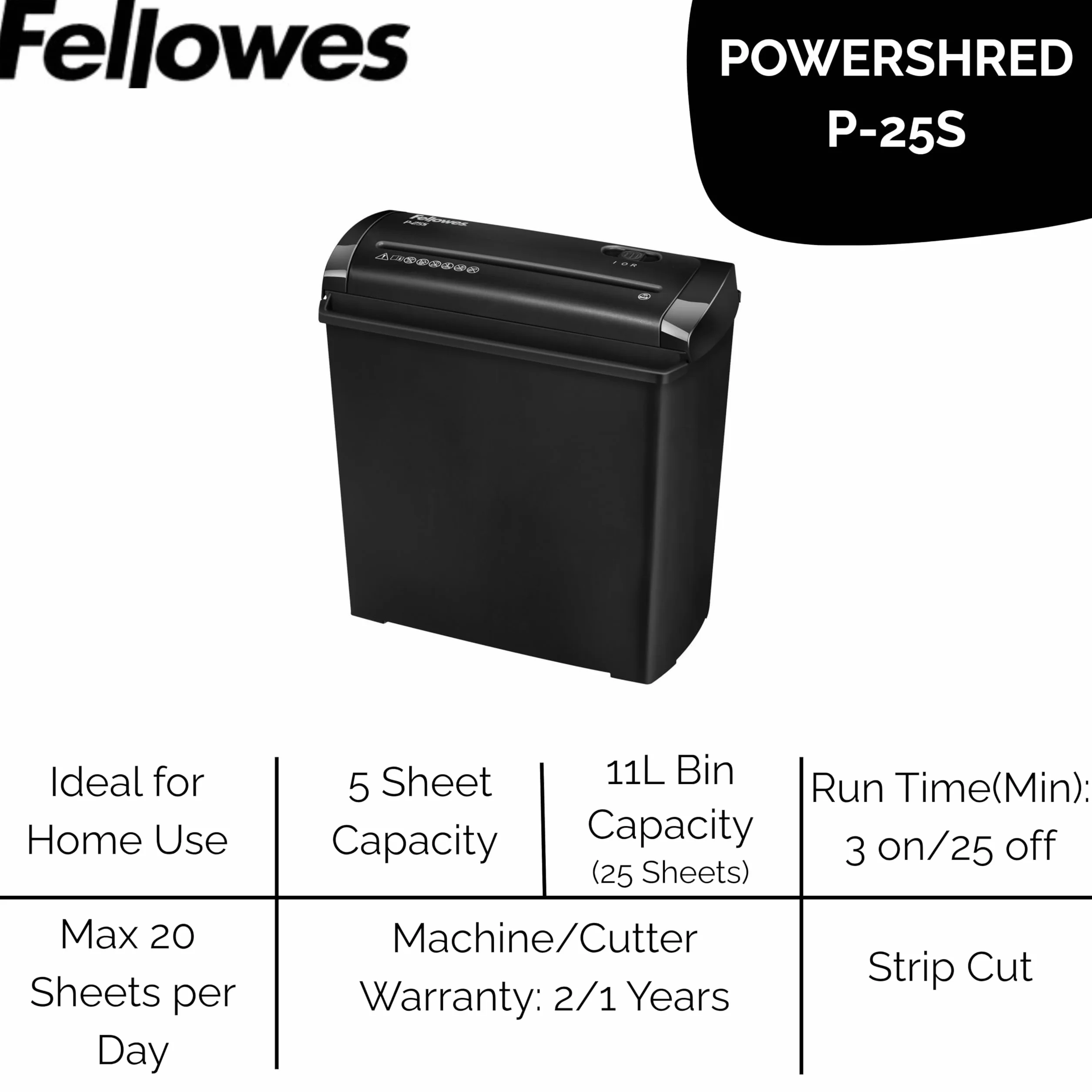 Fellowes Powershred P-25S, 5 arkuszy, cięcie w paski, 7 mm, niszczarka papieru do domu, Powershred P-25S, niszczarka z koszem 11 l, niszczarka dokumentów do standardowej ochrony danych, okazjonalne