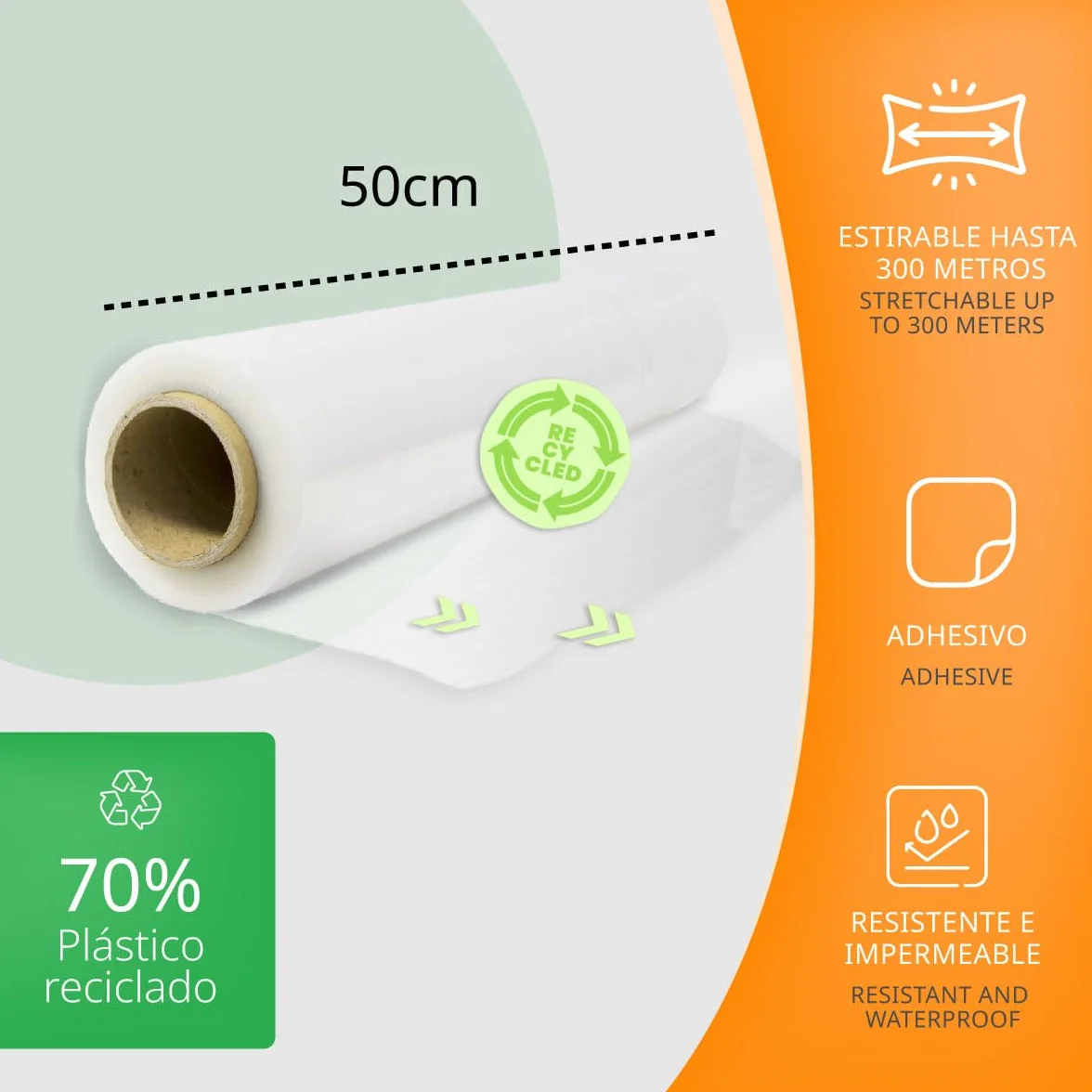 Roll Film Elastyczny Rozciągany Plastik, Przezroczysty 70% Recykling, 50 cm Rozszerzona do 300 metrów Długość Wytrzymała Przemysłowa folia do pakowania i paletyzacji (2 rolki)