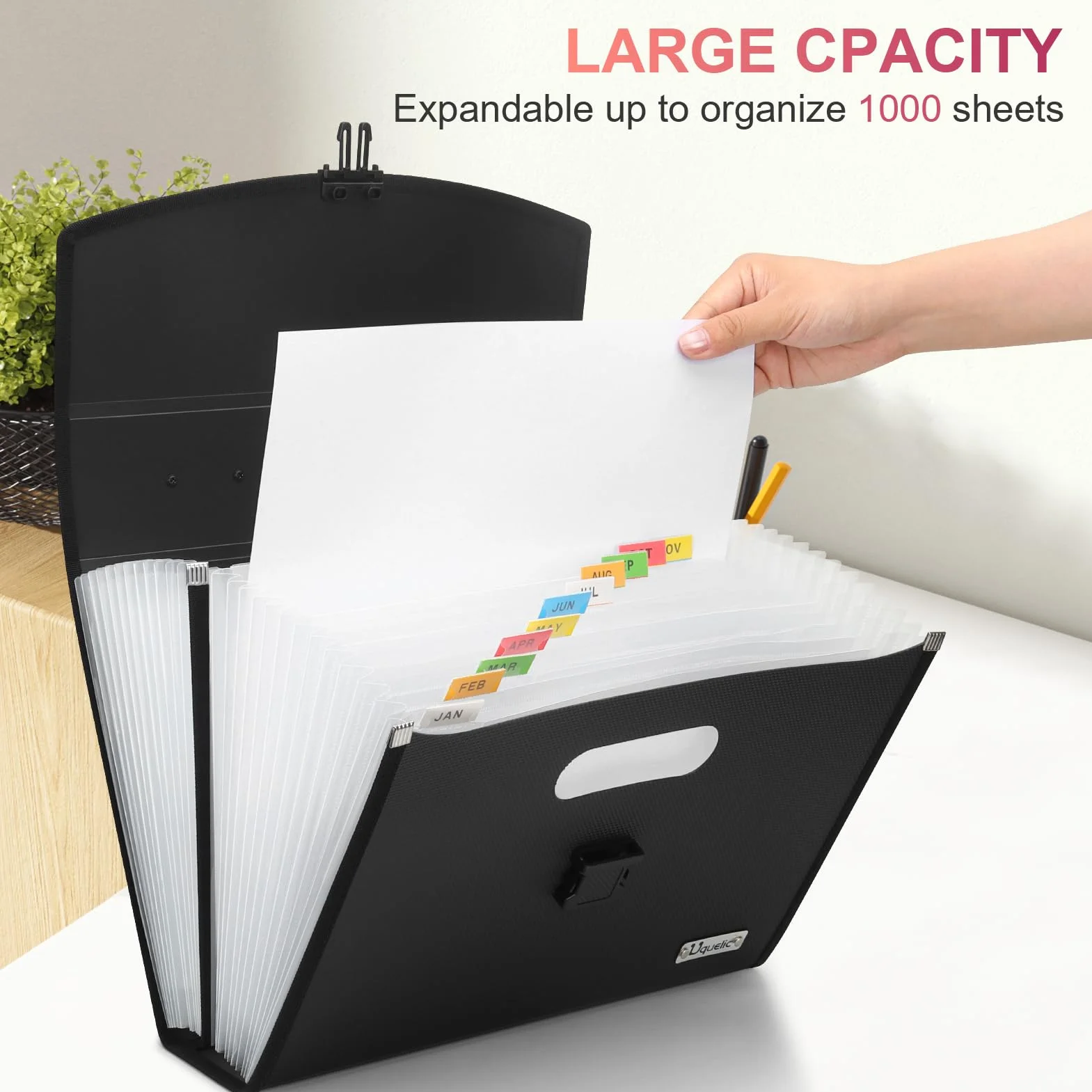 Uquelic Harmonijkowa Teczka na Dokumenty 26 Kieszeni - Ulepszona Trwała Klamra z Ergonomicznym Uchwytem/Duży A4 Rozszerzalny Organizer na Dokumenty/Harmonijkowa Teczka na Dokumenty do Biura i Domu