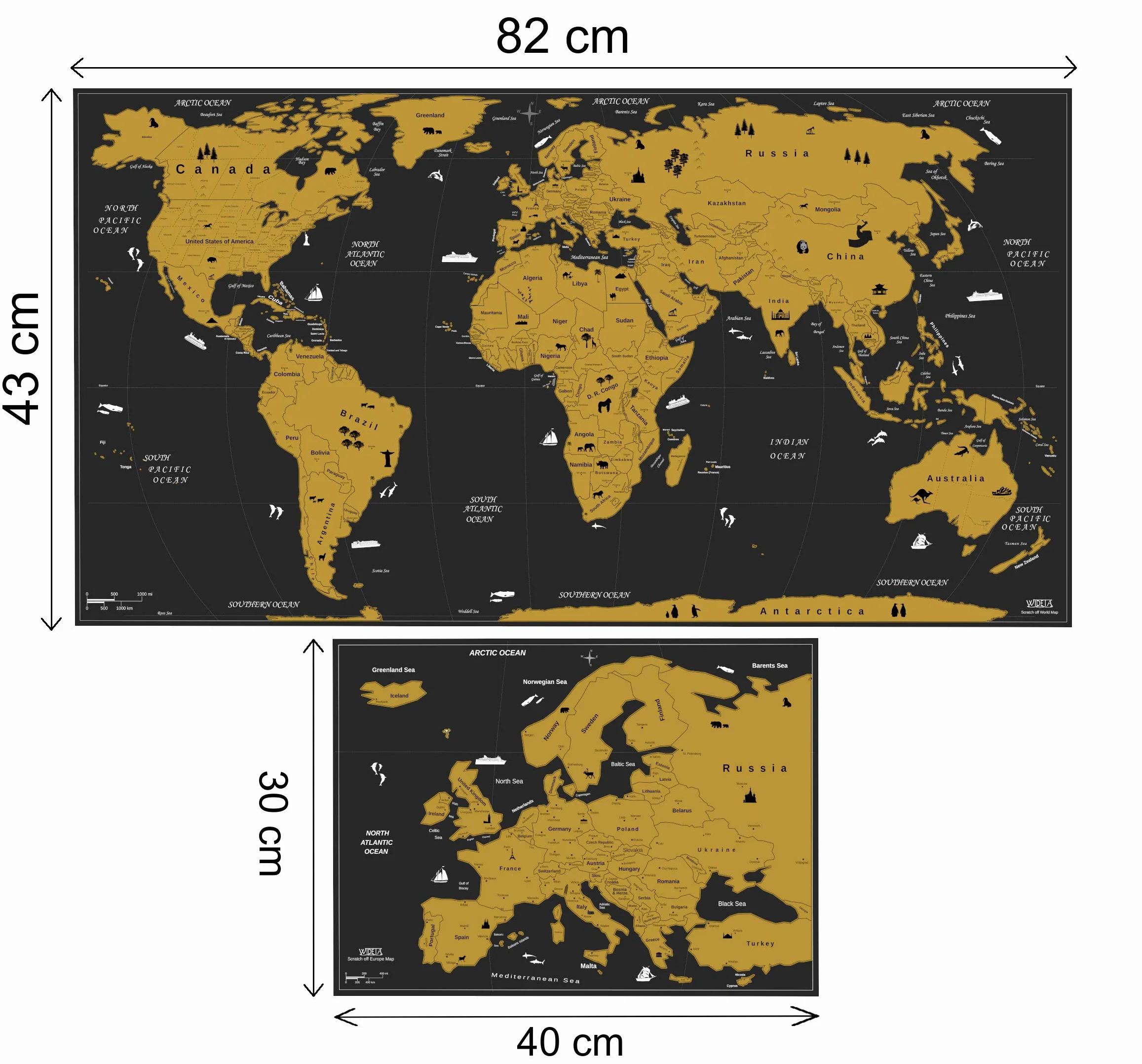 WIDETA mapa świata zdrapywania 82 x 43 cm z mapą Europy