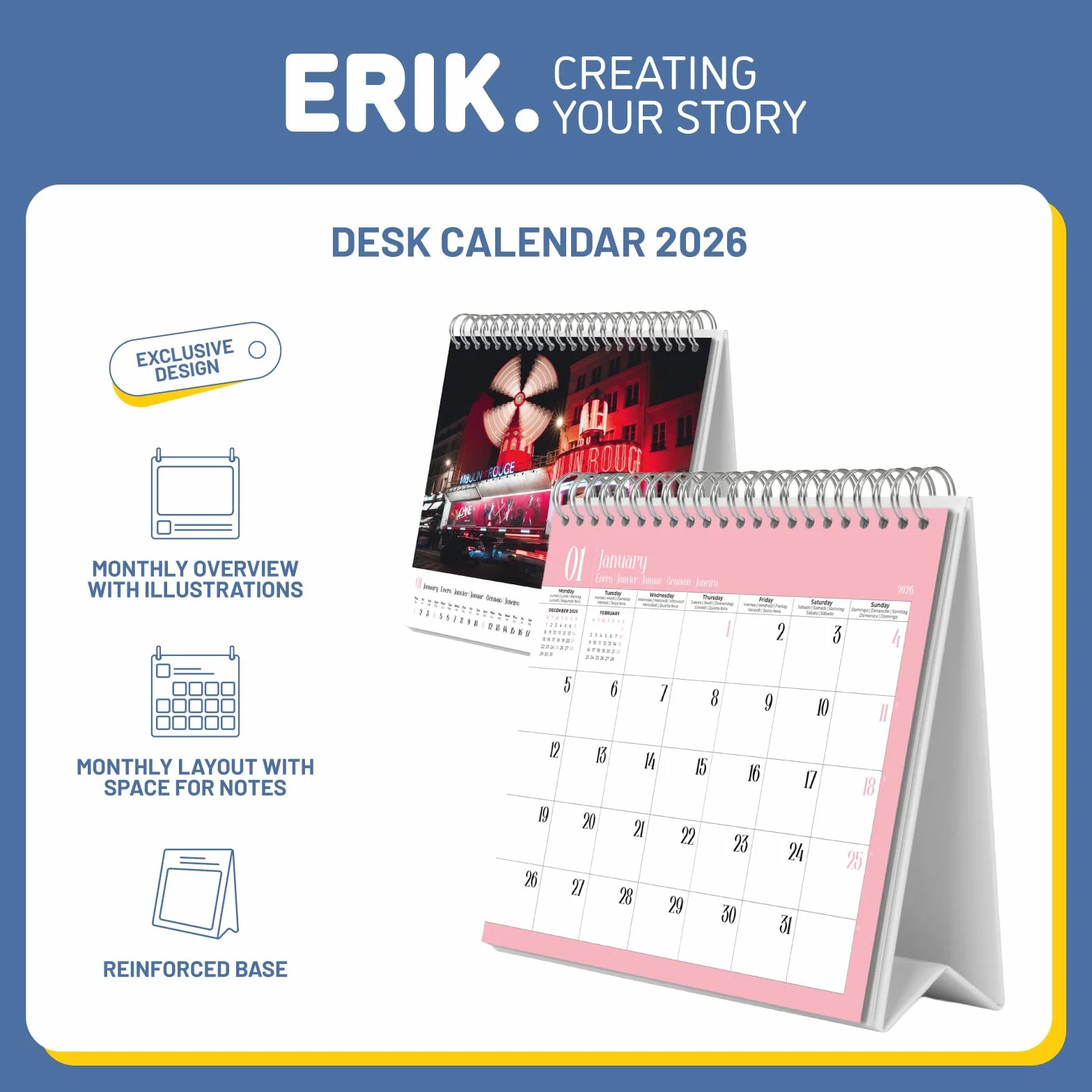 Grupo Erik Desk Calendar 2026 - Paris Calendar 2026 Month To View | Monthly Desk Planner, Desktop Gifts Under 10 Pounds | Travel Gifts For Friends