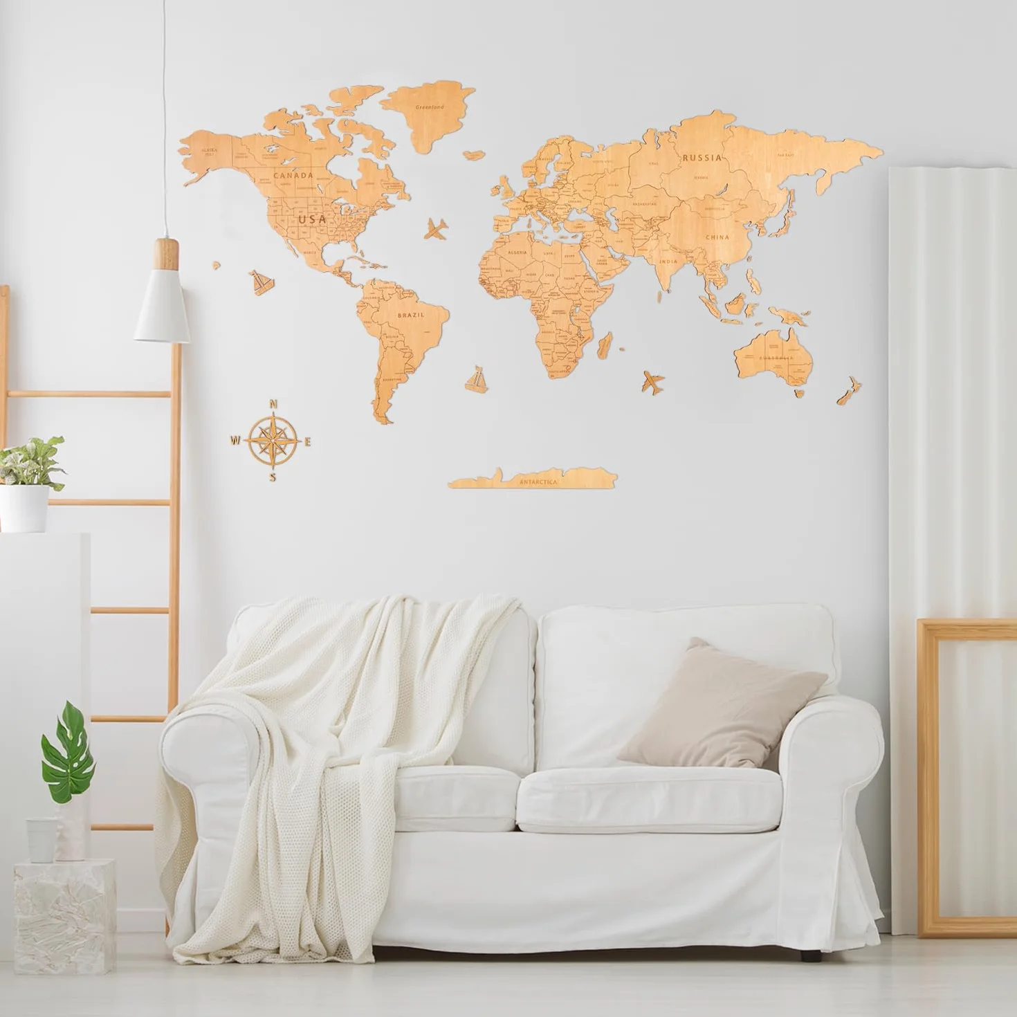 Creawoo Mapa Mundi Duża drewniana ściana Mapamundi z naturalnego drewna dekoracja ścienna do salonu biurowego, sypialni -200x114 CM Mapamundi Art Wall Decor
