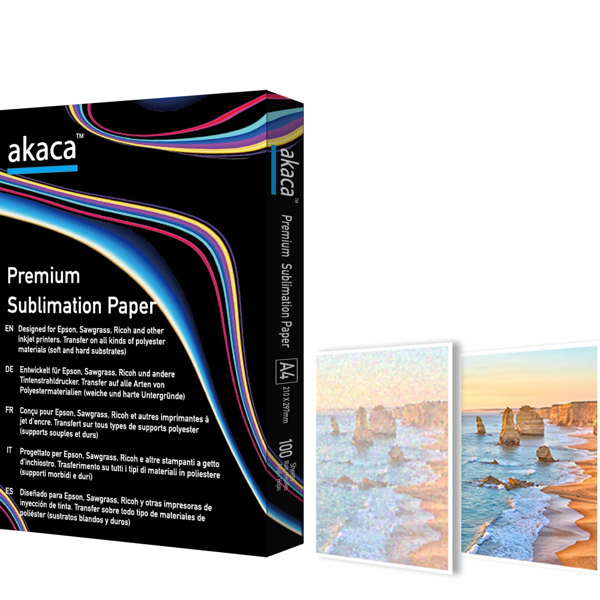 akaca Papier sublimacyjny A4 – papier sublimacyjny 210 x 297 mm, 100 arkuszy, 120 g/m², papier transferowy do drukarek sublimacyjnych Epson, Sawgrass, Ricoh