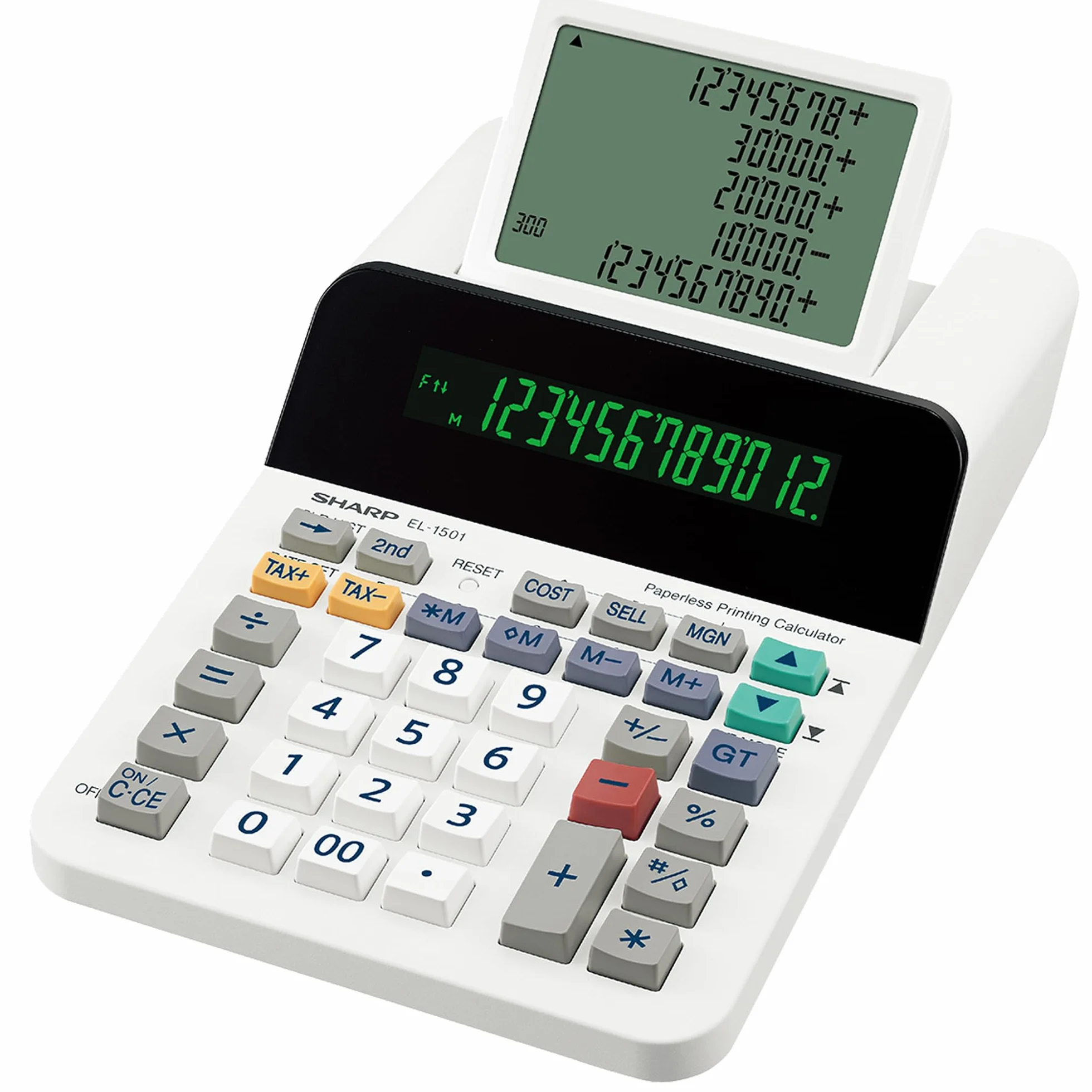 Sharp EL-1501 kalkulator biurkowy (bez papieru i atramentu, 12-cyfrowy i 5-liniowy wyświetlacz LCD, na baterie), biały, 150 mm x 62 mm x 228 mm