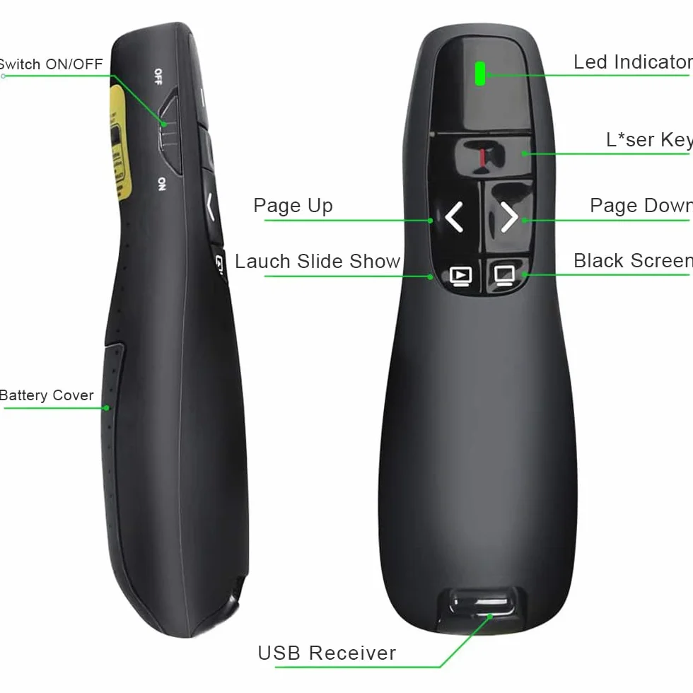 Bezprzewodowy prezenter zielone światło, 2,4 GHz PPT PowerPoint Clicker prezentacja zdalna prezentacja wskaźnik slajdów Advancer dla Mac, komputera, laptopa