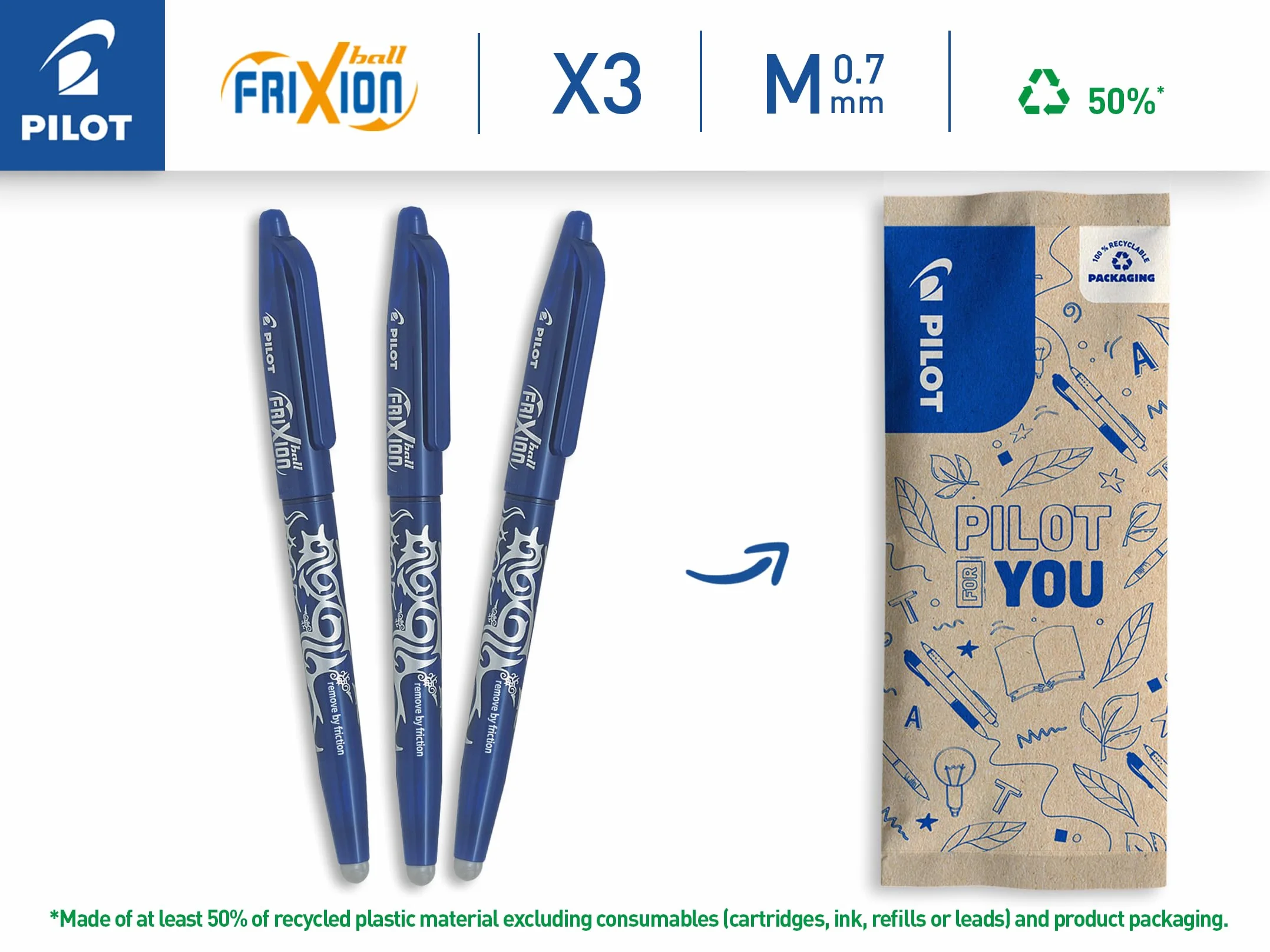 PILOT - FriXion Ball 0,7 zestaw – 3 sztuki: niebieskie – ścieralne pióro kulkowe 0,4 mm grubości kreski – przyjemne pisanie, tusz termoczuły, wymienny wkład – średnia końcówka