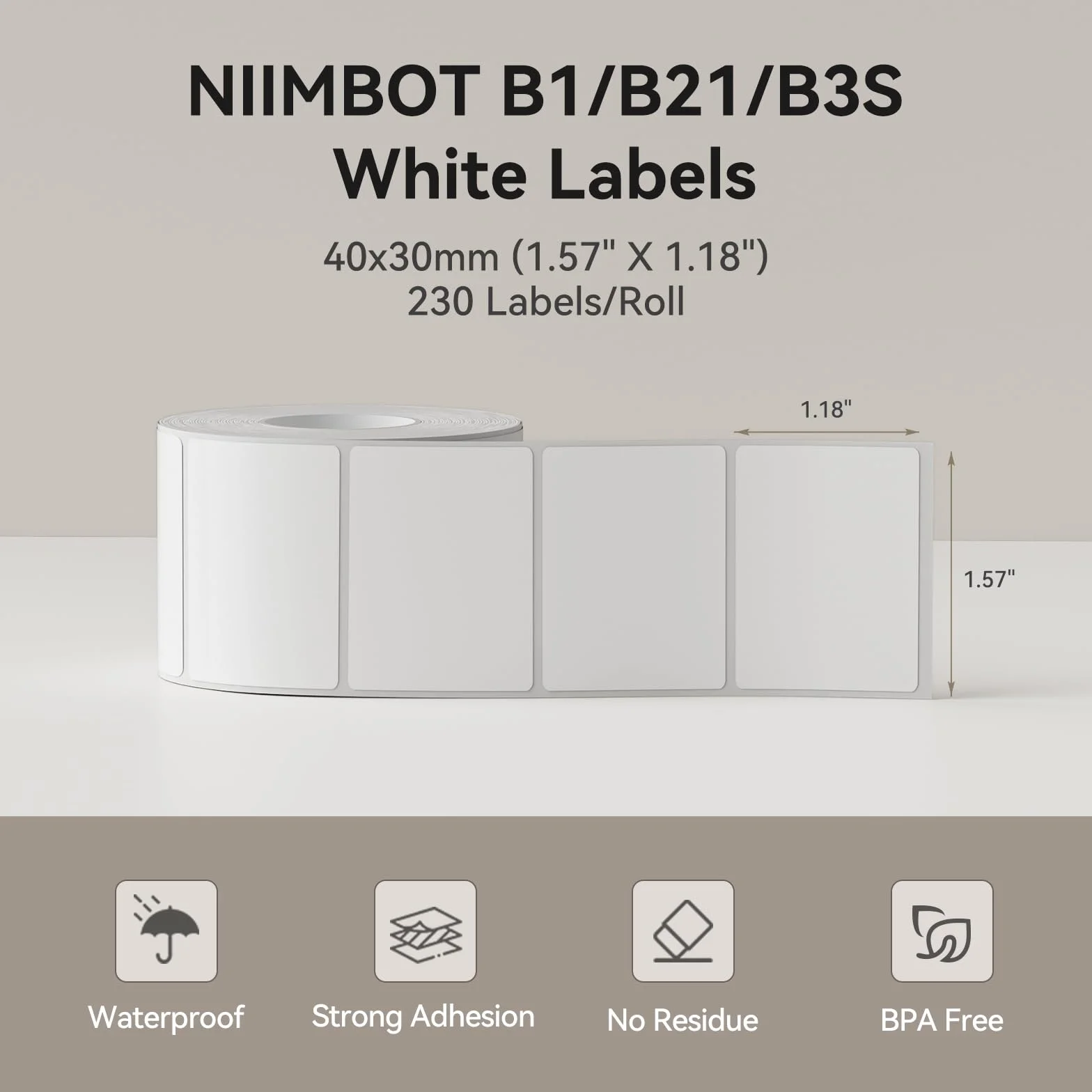 NIIMBOT Taśma termiczna do B21/B1/B3S, wodoodporna, olejoodporna i odporna na rozdarcie etykieta adresowa wysyłki, dostosowane etykiety naklejek 1,57 x 1,18 (40 x 30 mm), 230 na rolkę
