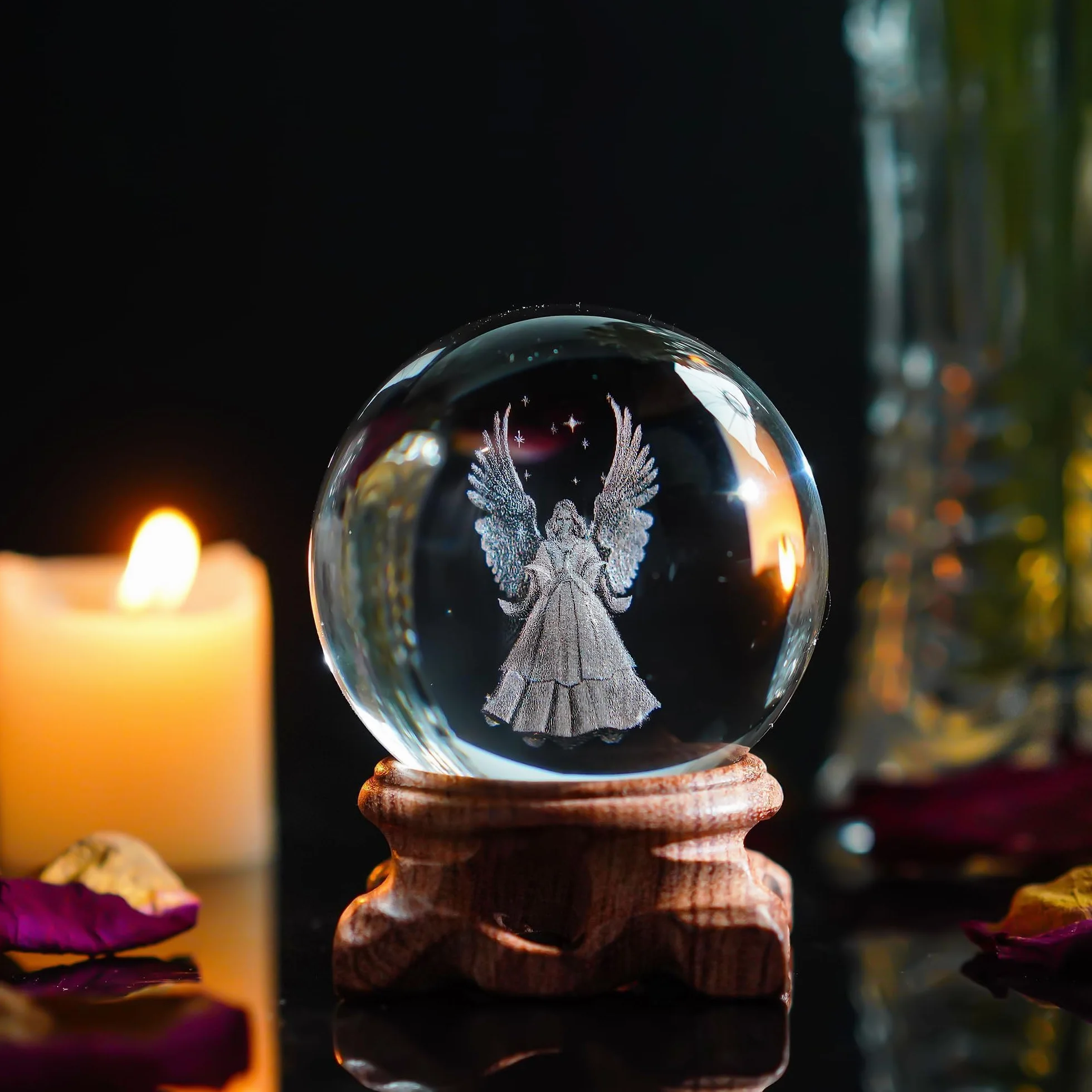 HDCRYSTALGIFTS figurki 3D, anioł, kryształowa kula, pełna kula, grawerowana laserowo, przycisk do papieru, dekoracja domu, rzemiosło artystyczne (przezroczysta)