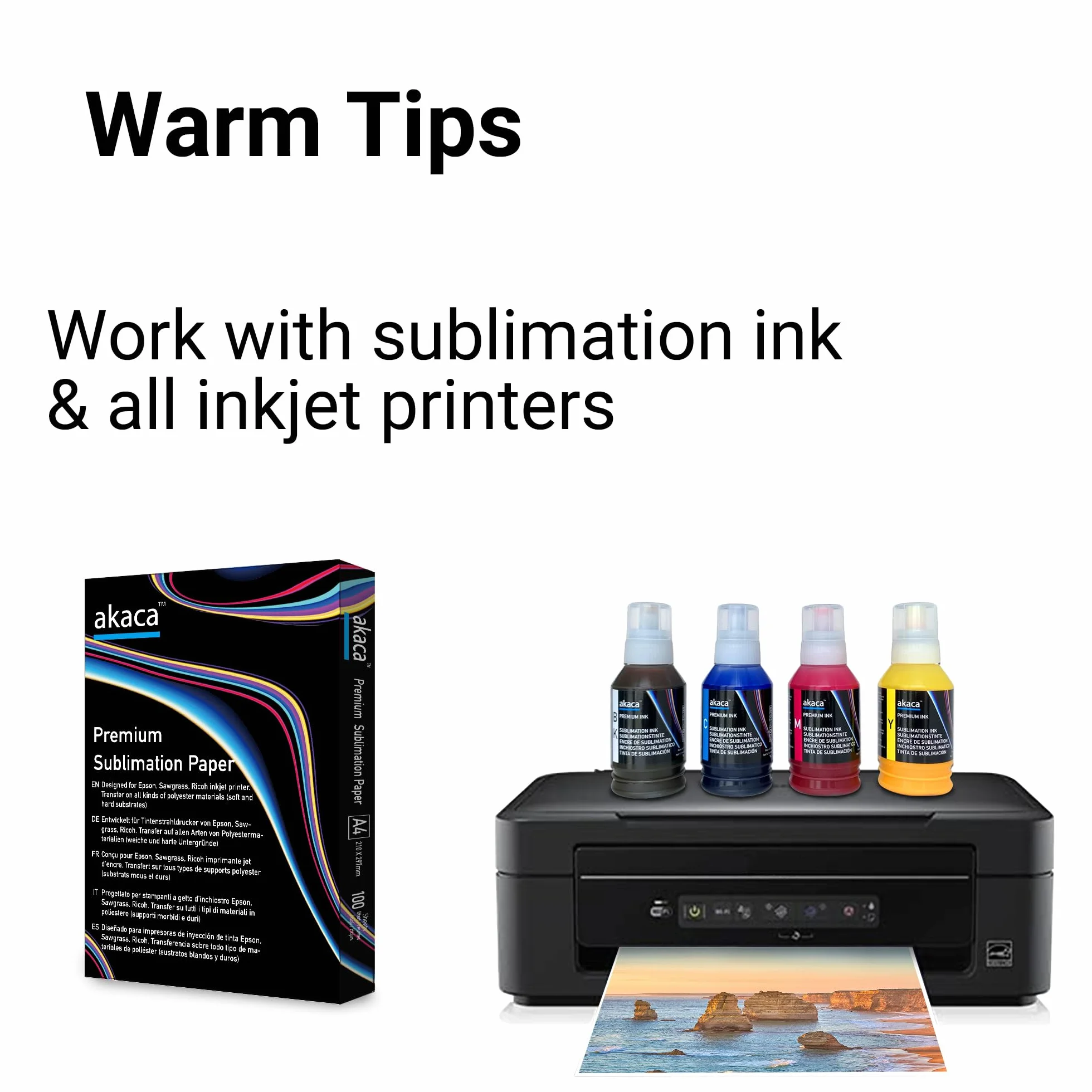 akaca Papier sublimacyjny A4 – papier sublimacyjny 210 x 297 mm, 100 arkuszy, 120 g/m², papier transferowy do drukarek sublimacyjnych Epson, Sawgrass, Ricoh