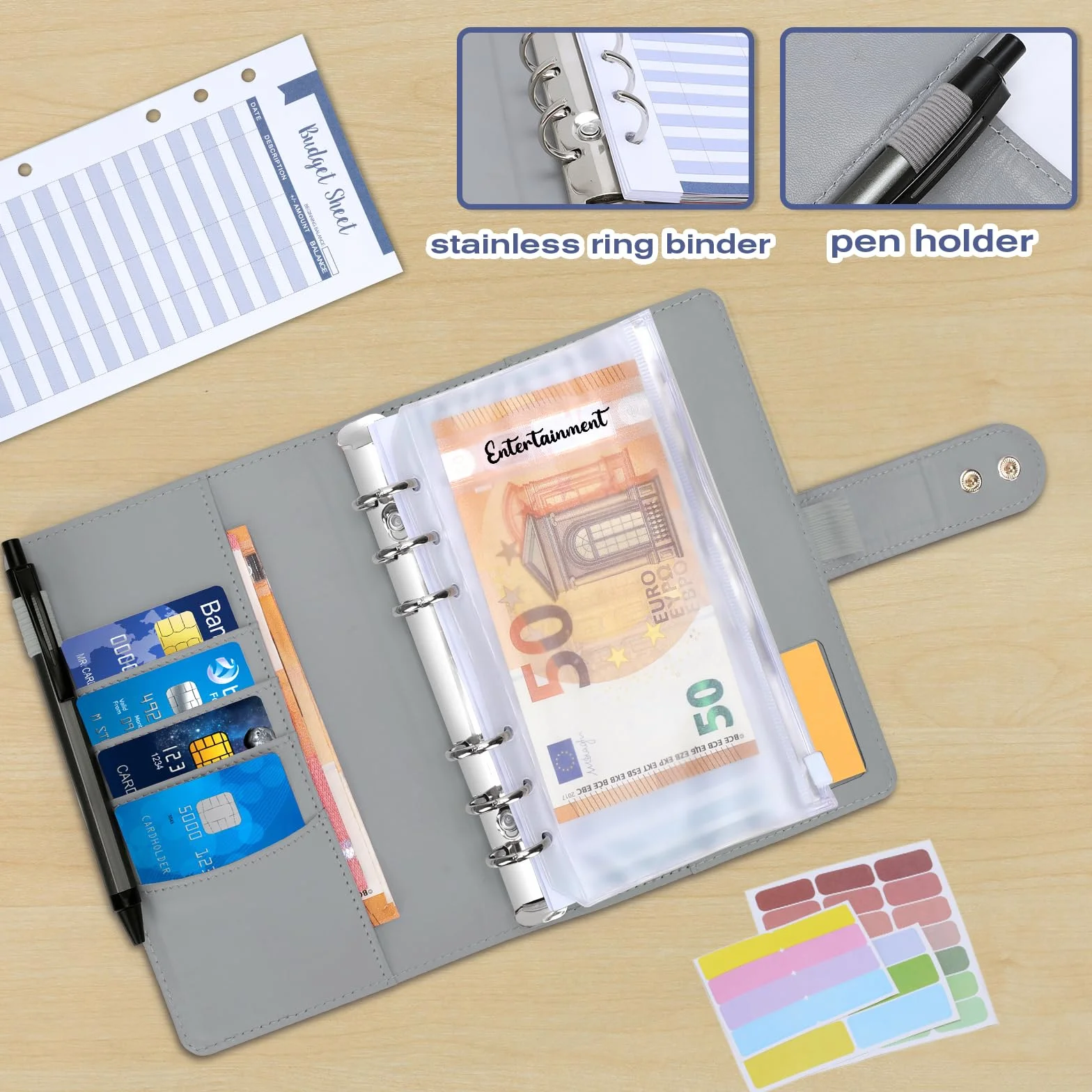 Euqvunn Budget Binder, Budget Planner A6 z kopertami na gotówkę, regulowane zapięcia, portfel do oszczędzania pieniędzy, dla organizatora pieniędzy, segregator A6 książeczka oszczędnościowa -Szary