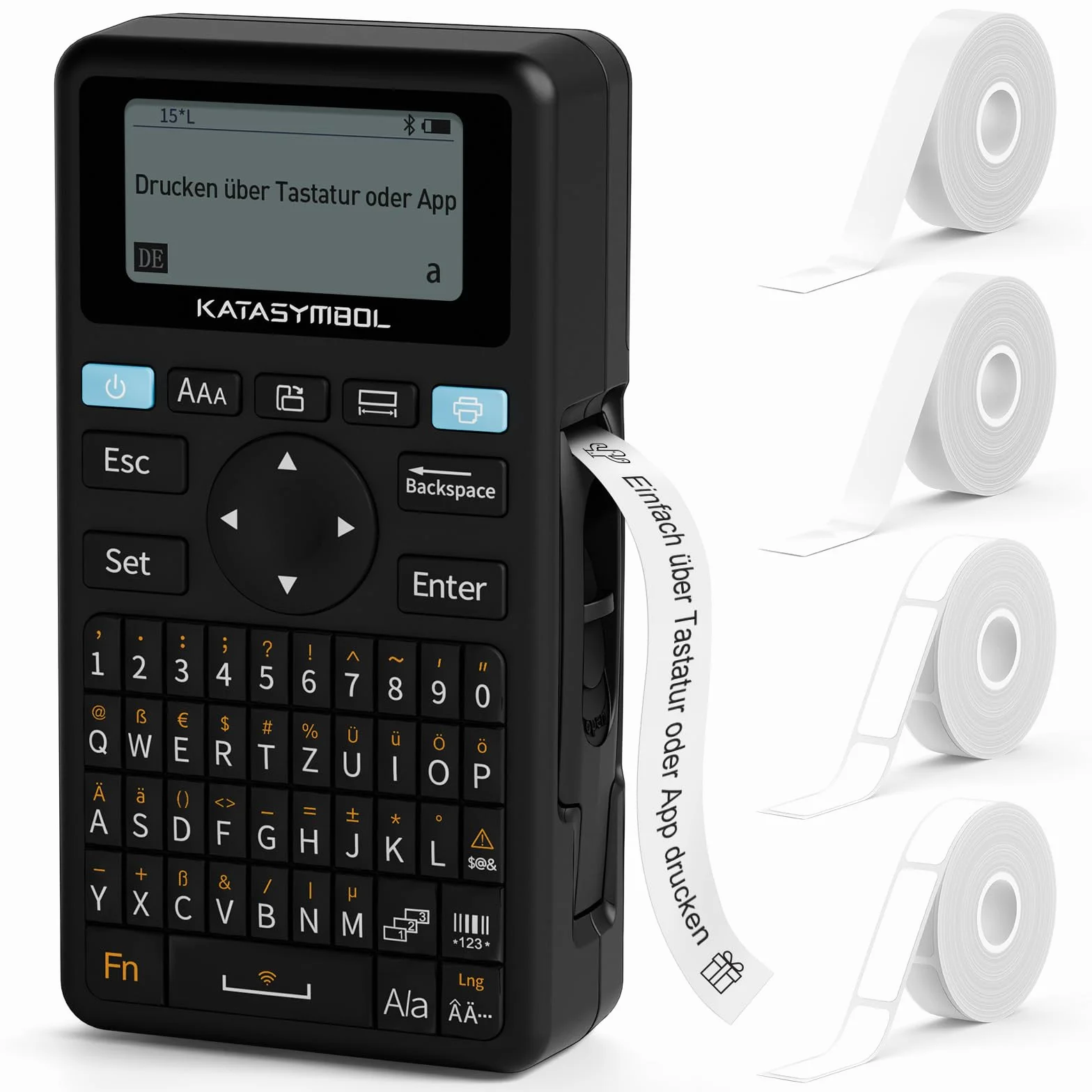 SUPVAN E11 Label Maker Machine Bluetooth with German QWERTZ Keyboard, 2 rolls continuous labels and 2 Rolls Fixed-Size Labels
