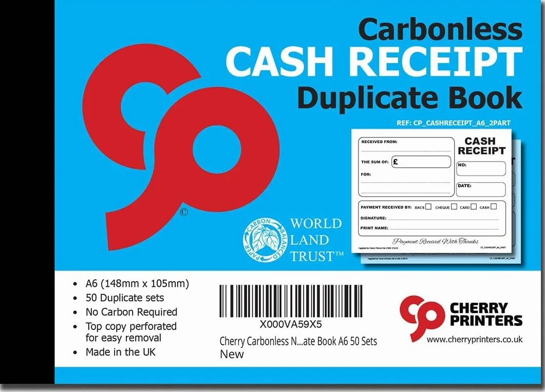 Cherry Carbonless Cash Receipt Book A6, 2-częściowy NCR, 50 zestawów, perforowany