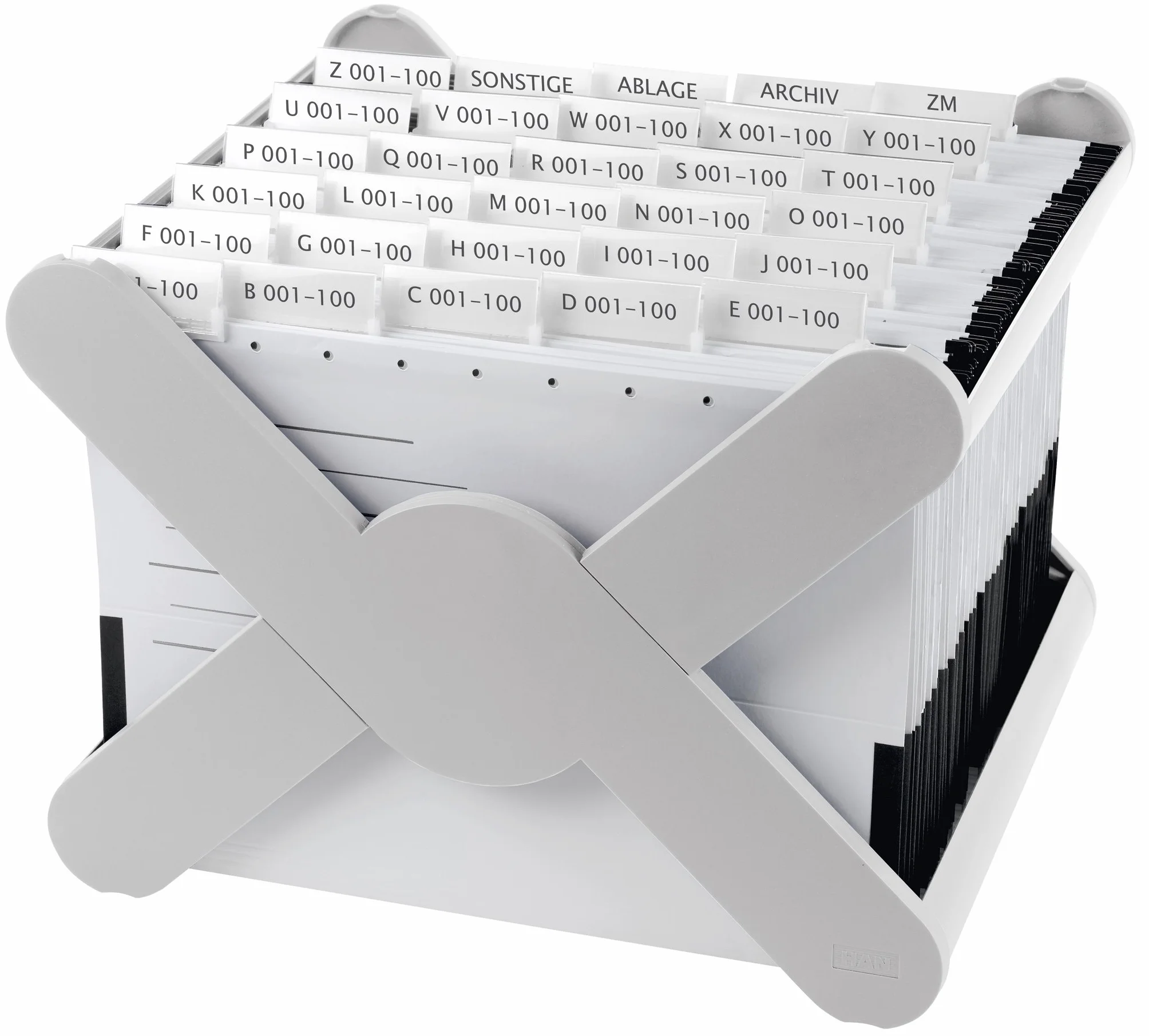 HAN X-CROSS 19071-11 wiszący kosz na dokumenty, o pięknym kształcie, nowoczesne wzornictwo z uchwytami do noszenia, na 35 teczek, stabilny i można układać w stos, jasnoszary, 19071-11