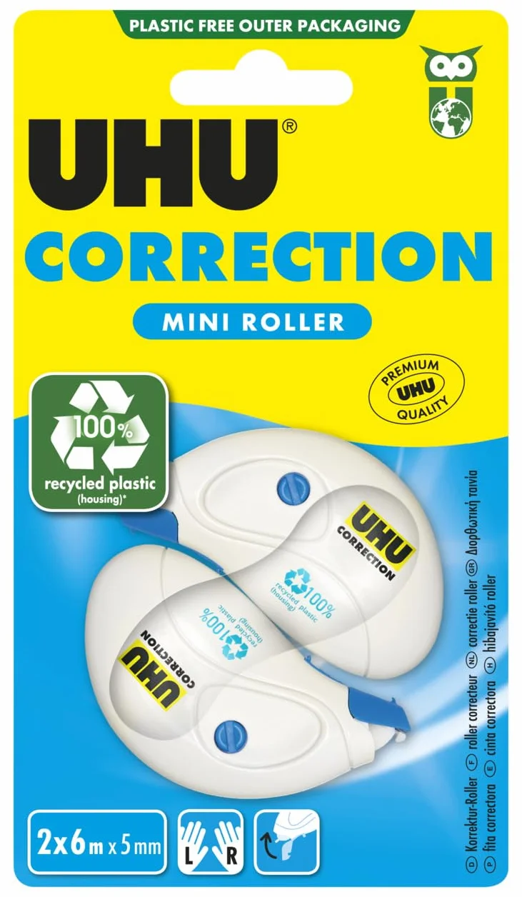 UHU Rollers mini korektor - szybka, czysta i precyzyjna taśma korekcyjna, biała, zestaw 2 6 m x 5 mm