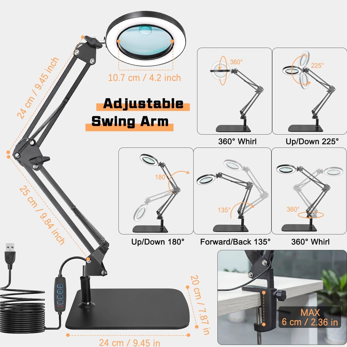 2 w 1 Lupa ze światłem i Stojakiem, Lampa Powiększająca LED 15X 10X z Zaciskiem i Podstawą, Lampa Biurkowa z Lupą z 3 Trybami Kolorów do Hobbystycznego Rzemiosła, Lampa LED do Czytania