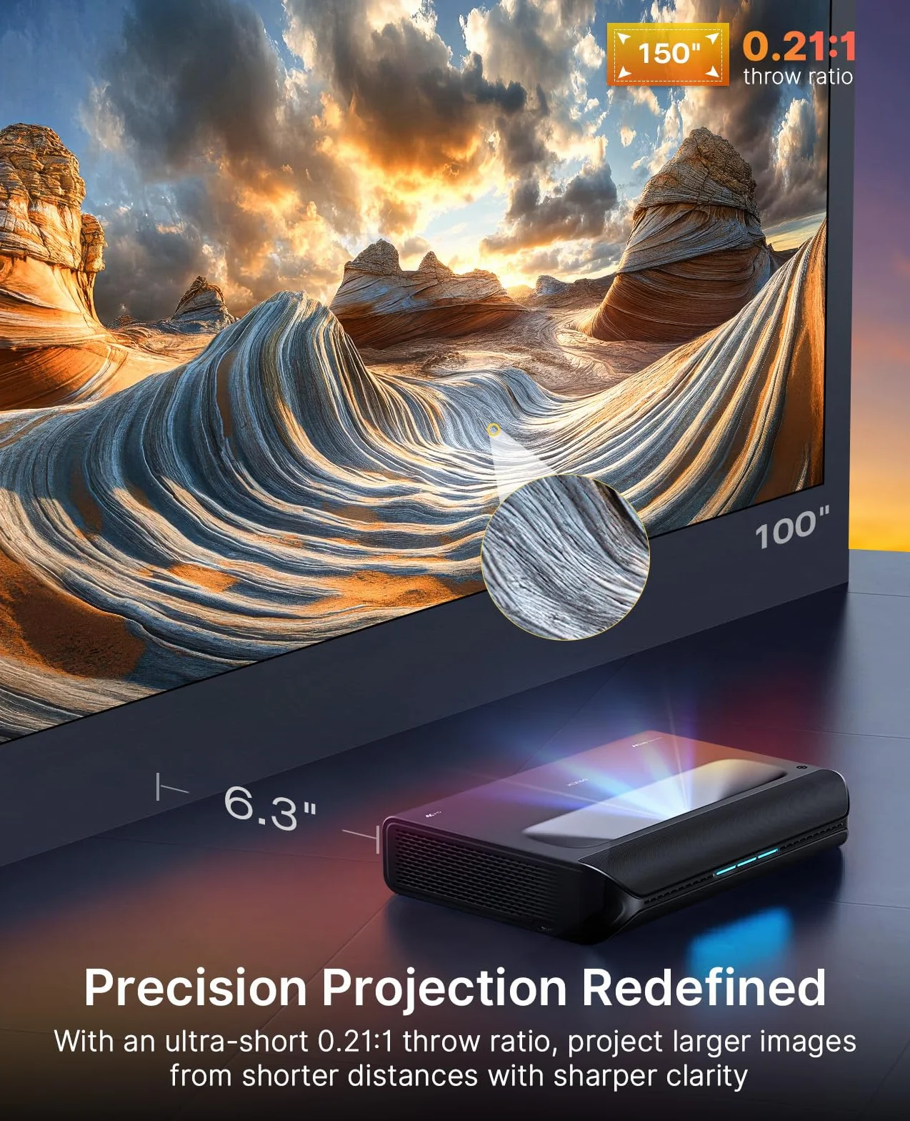 NexiGo Aurora Pro MKII, Projektor UST z laserem trójkolorowym 4K, Kontrast 30000:1, Dynamiczna Przysłona i Przyciemnianie Lasera, Współczynnik rzutu 0,21:1, Dolby Vision i Atmos, HDR10+, 3D