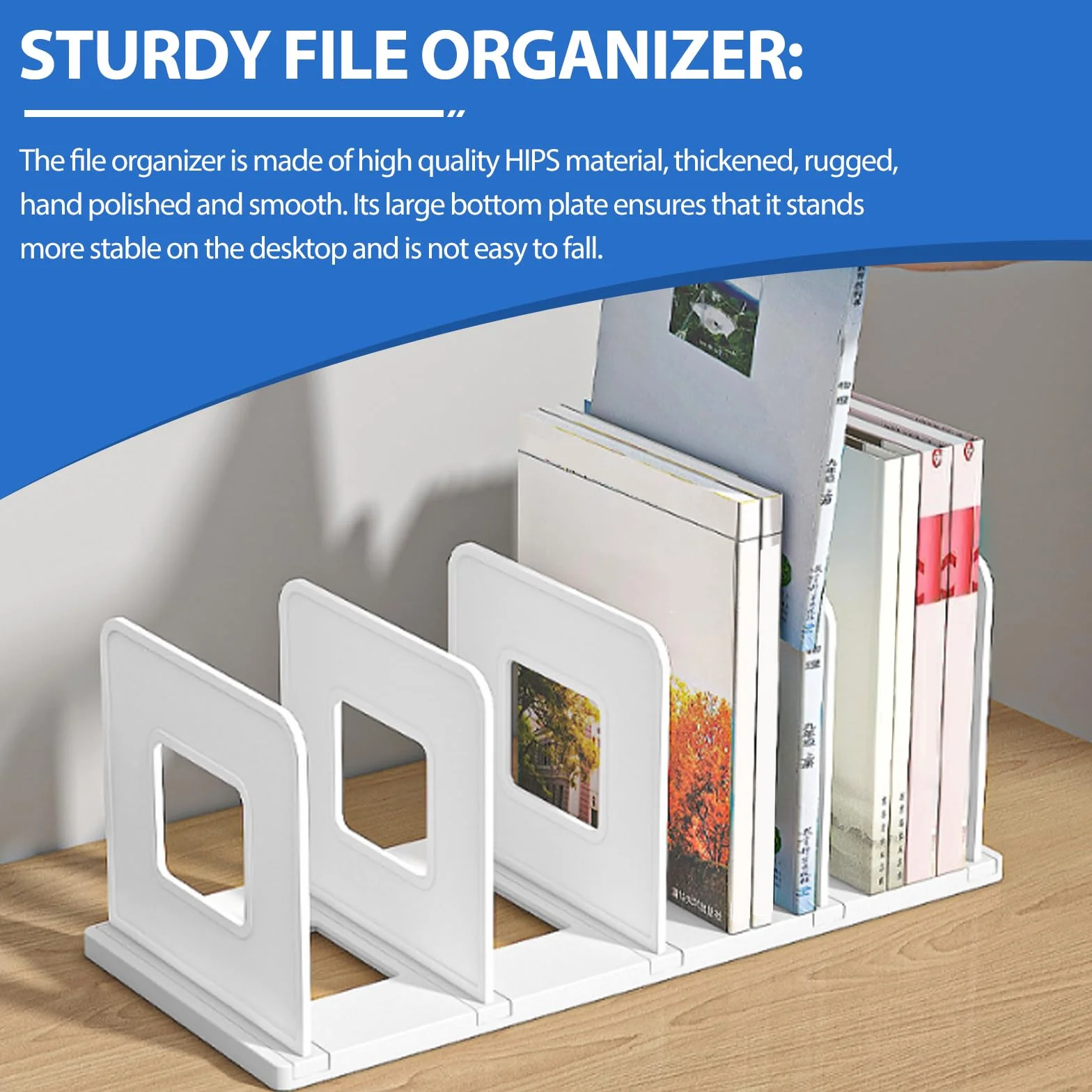GOMETY Organizer na biurko, segregator na dokumenty, zdejmowany, pogrubiony regał na książki z 4 przegródkami, do biura, segregatora, listów, czasopism, książek, CD, notatników
