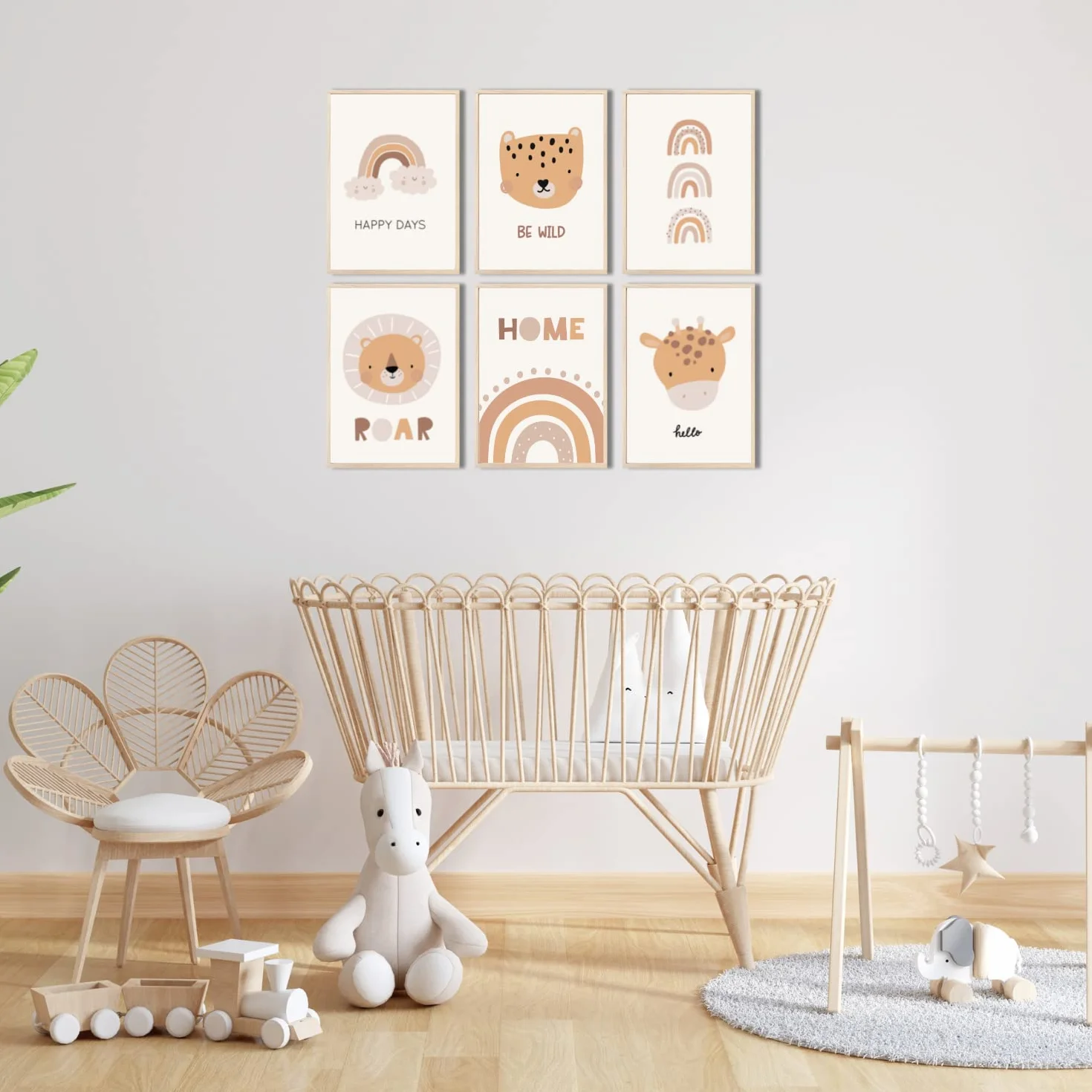 MeinBaby123 Plakat do pokoju dziecięcego zestaw 6 sztuk DIN A4 dekoracja ścienna lew żyrafa tęcza słodkie