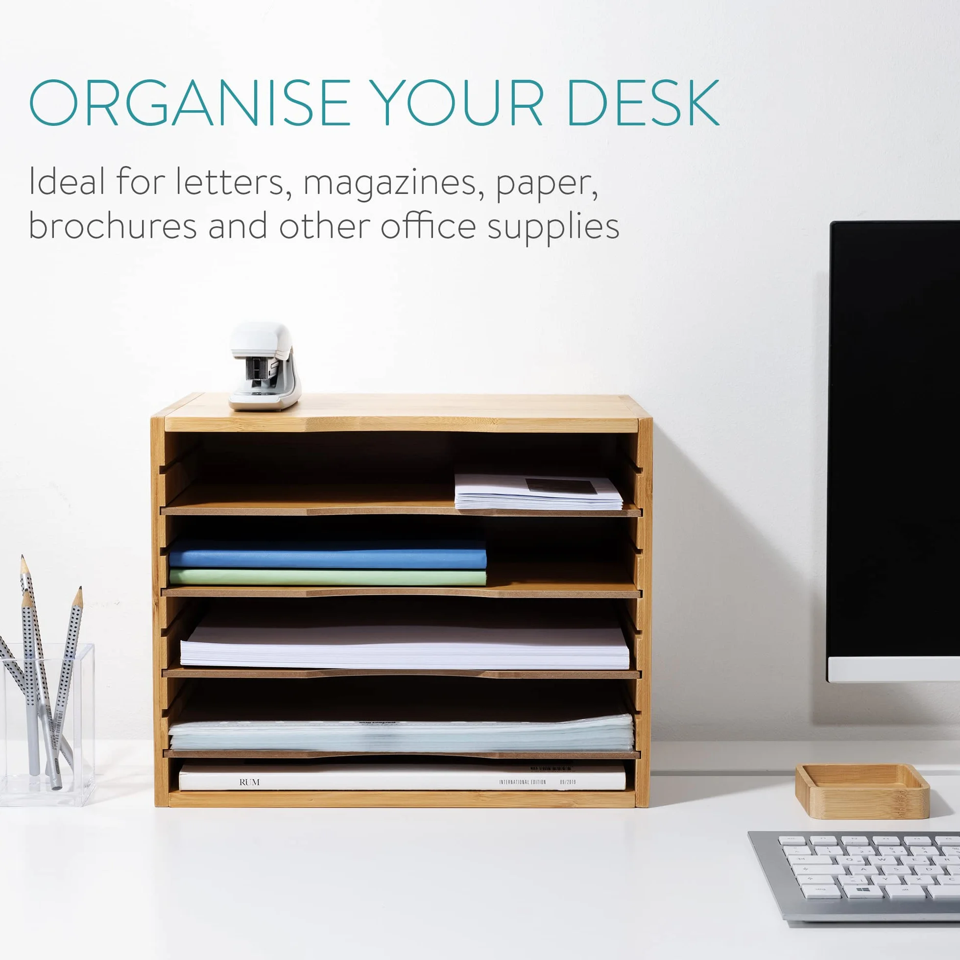 Navaris Bambusowa półka na dokumenty – 33 x 26 x 24,5 cm organizer na biurko – drewniana półka 5 półek – system organizacji m. in. biura.