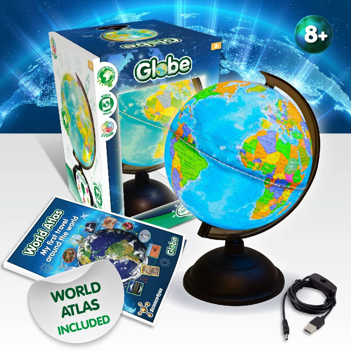 Science4you Balon z latarnią dla dzieci 8-11 lat: piłka świata, Atlas, nauka i gry edukacyjne