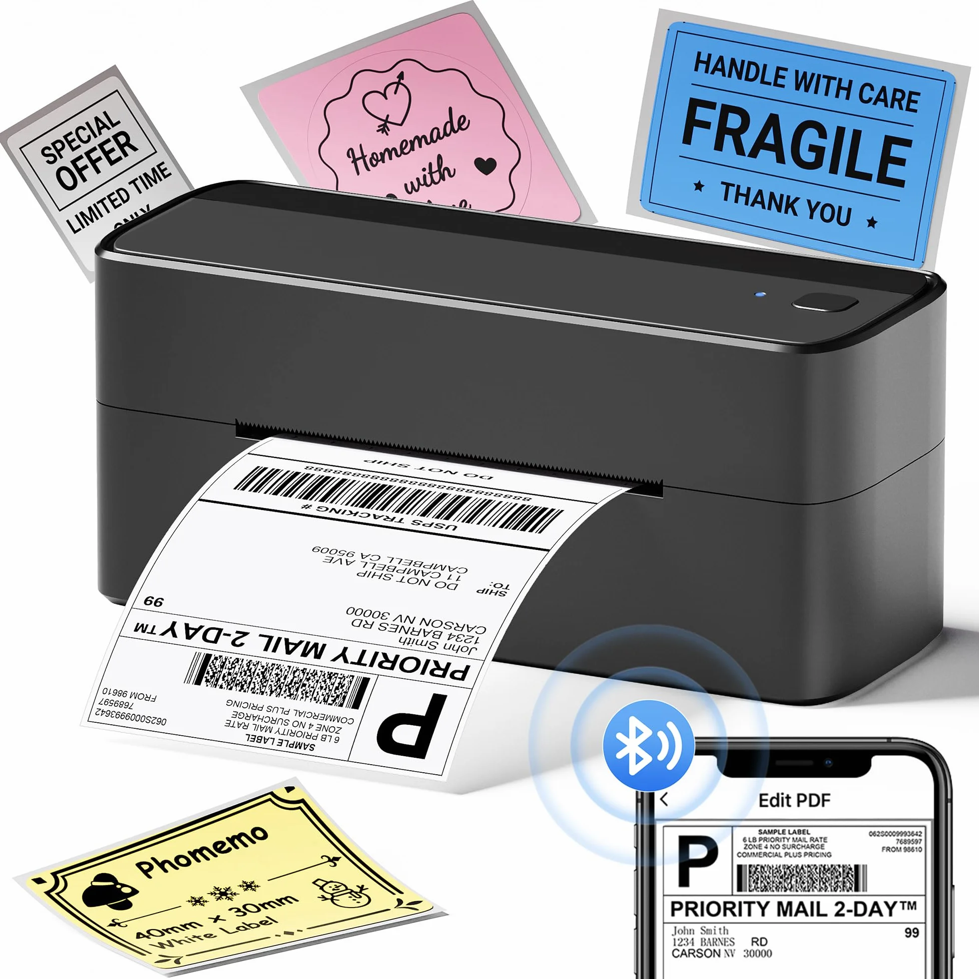 Phomemo Drukarka termiczna 241BT, drukarka etykiet wysyłkowych 4 x 6, drukarka etykiet pocztowych obsługuje Bluetooth, kompatybilna z Royal Mail, Hermes, Etsy, Shopify, eBay, Amazon, FedEx, UPS