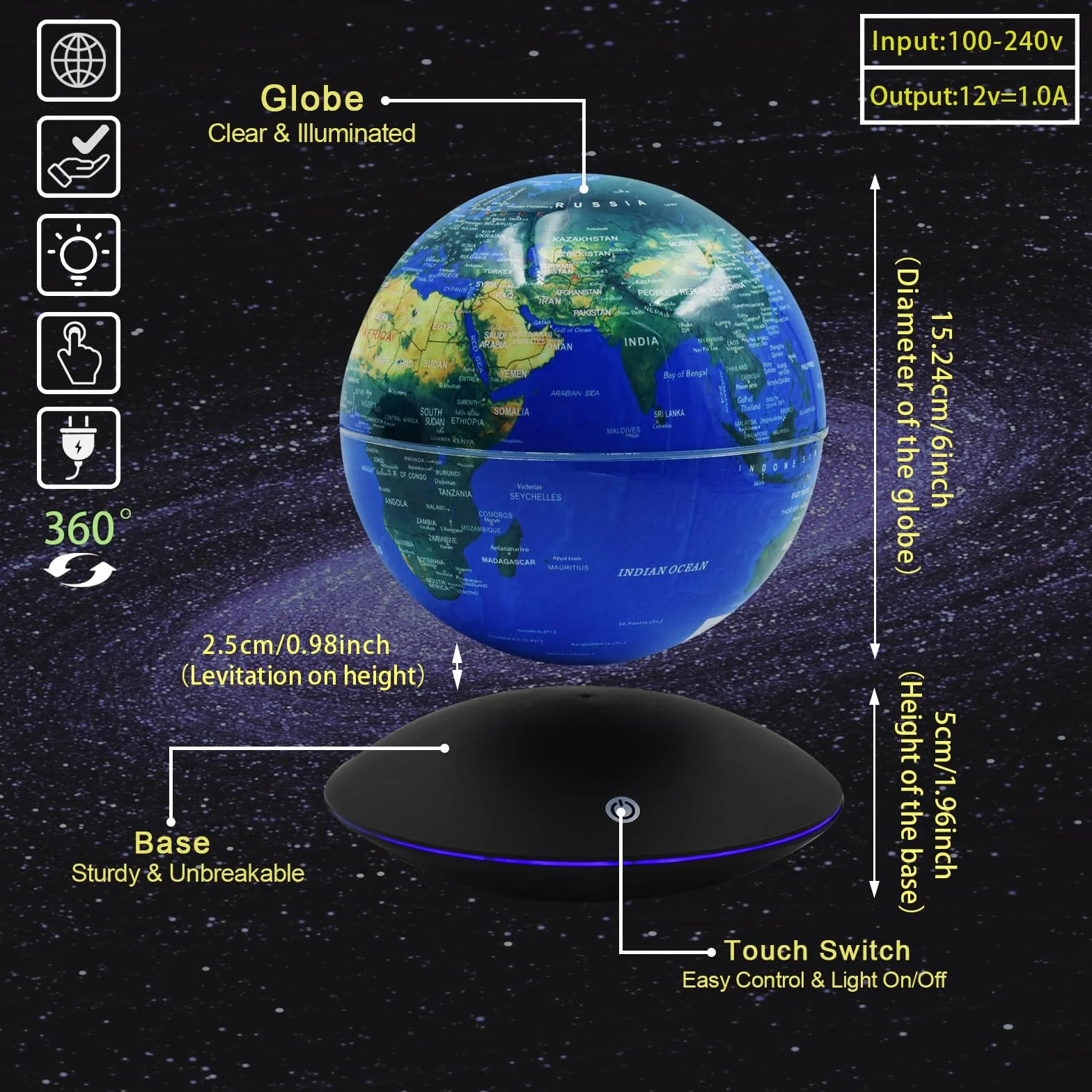Świecący pływający globus ziemski z 7 kolorowymi światłami, sterowanie dotykowe i gradientowa lampka nocna globus, mapa świata z polem lewitacji magnetycznej do celów edukacyjnych i na prezent