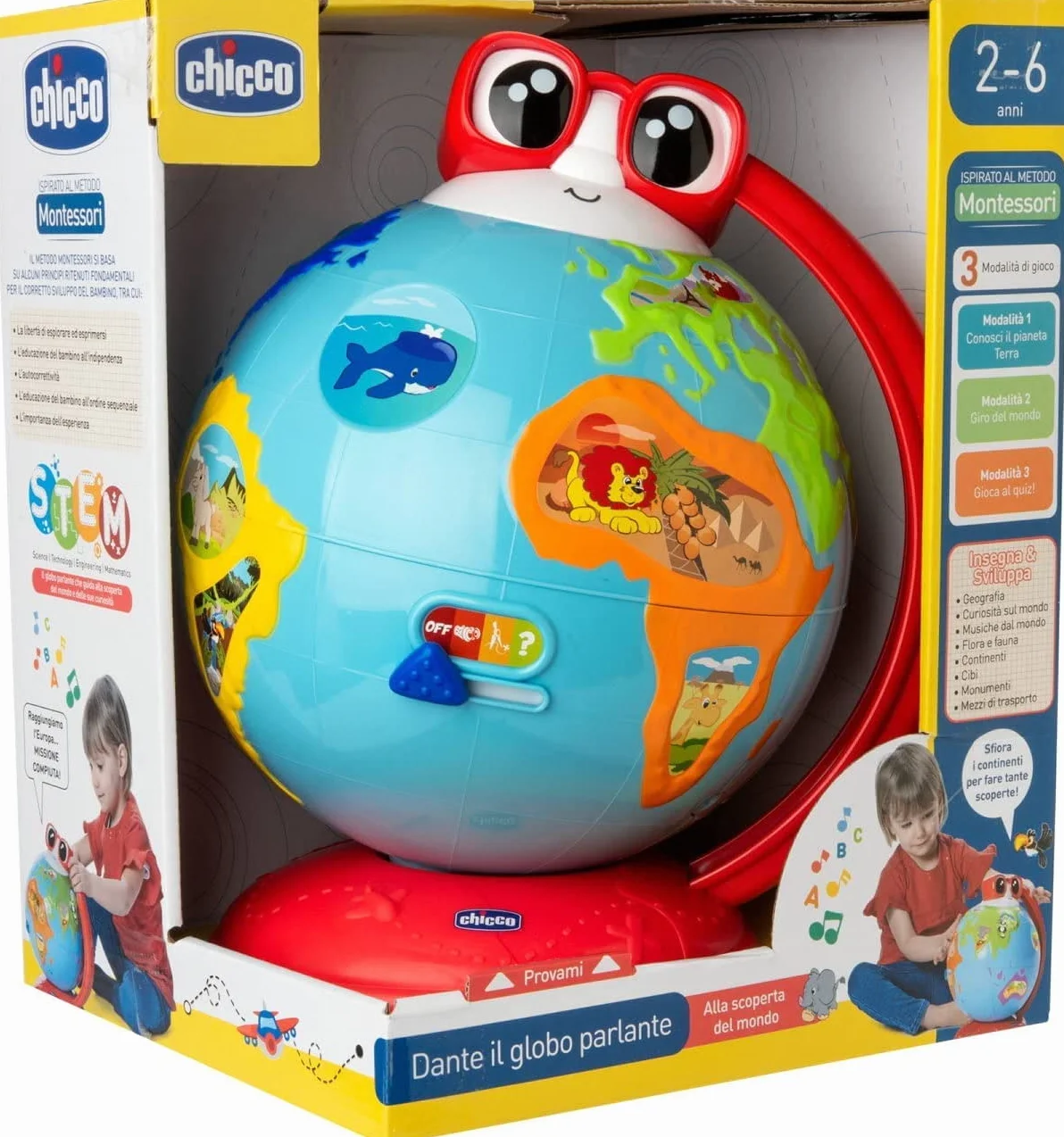 Chicco Edu Globe Mówiący globus edukacyjny nauka geografii logiki sekwencji pamięci 300 zdań quizów piosenek Montessori gry dla dzieci 2-6 lat