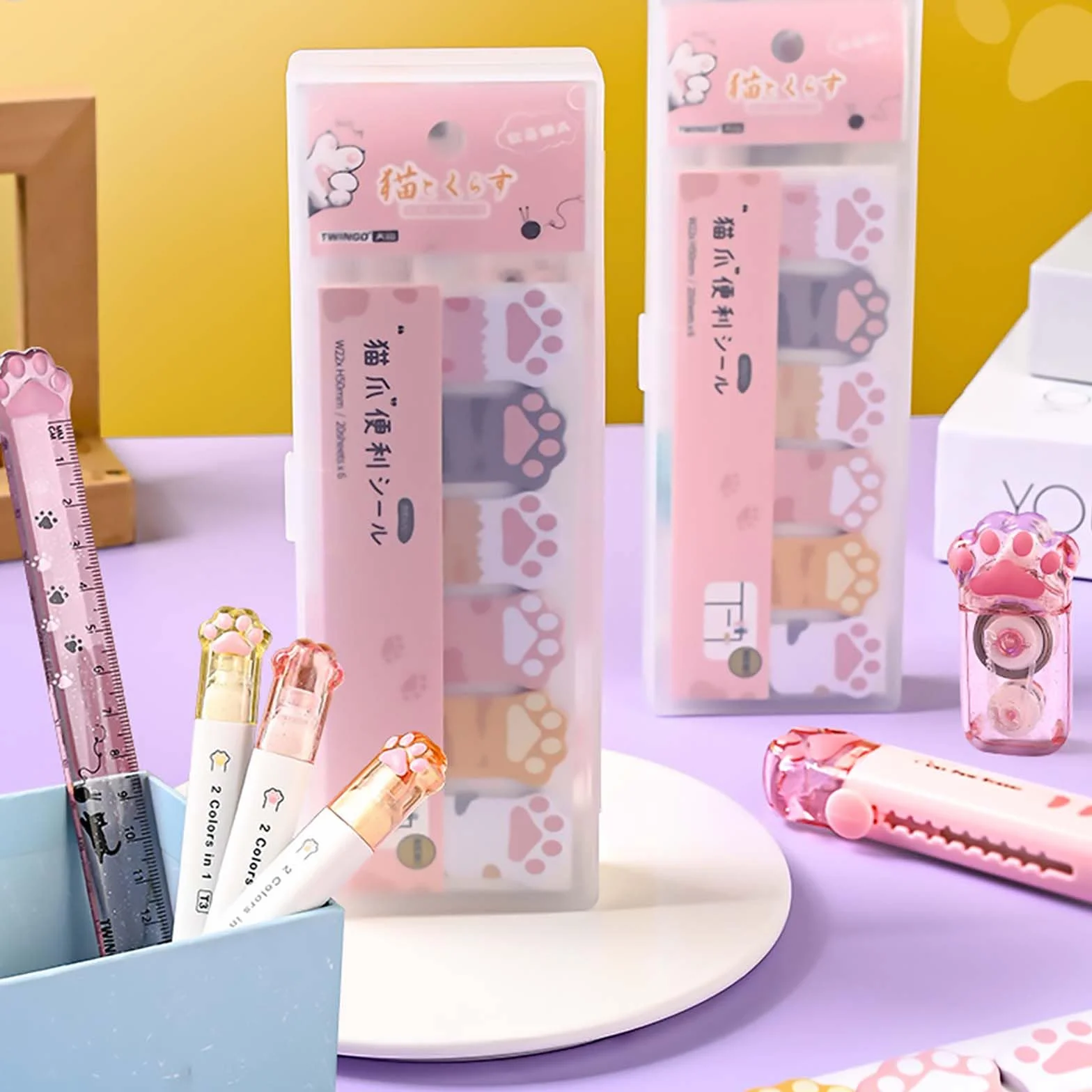 Zestaw artykułów szkolnych Mulaibdin Kawaii, urocze rzeczy szkolne, estetyczne artykuły szkolne dla dziewczynek, linijka z łapkami kota, korekta rolkowa, ołówki, gumki do mazania, notatki klejące z