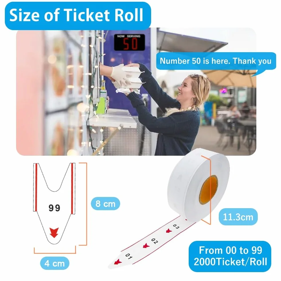 System Kolejkowy Kolejka Take a Number Tickets 5 rolek po 2 cyfry do dozownika biletów K-T system połączeń kolejkowych 2000 rolek zgłoszeń 00-99 (2 cyfry 00-99, biały - 5 rolek)