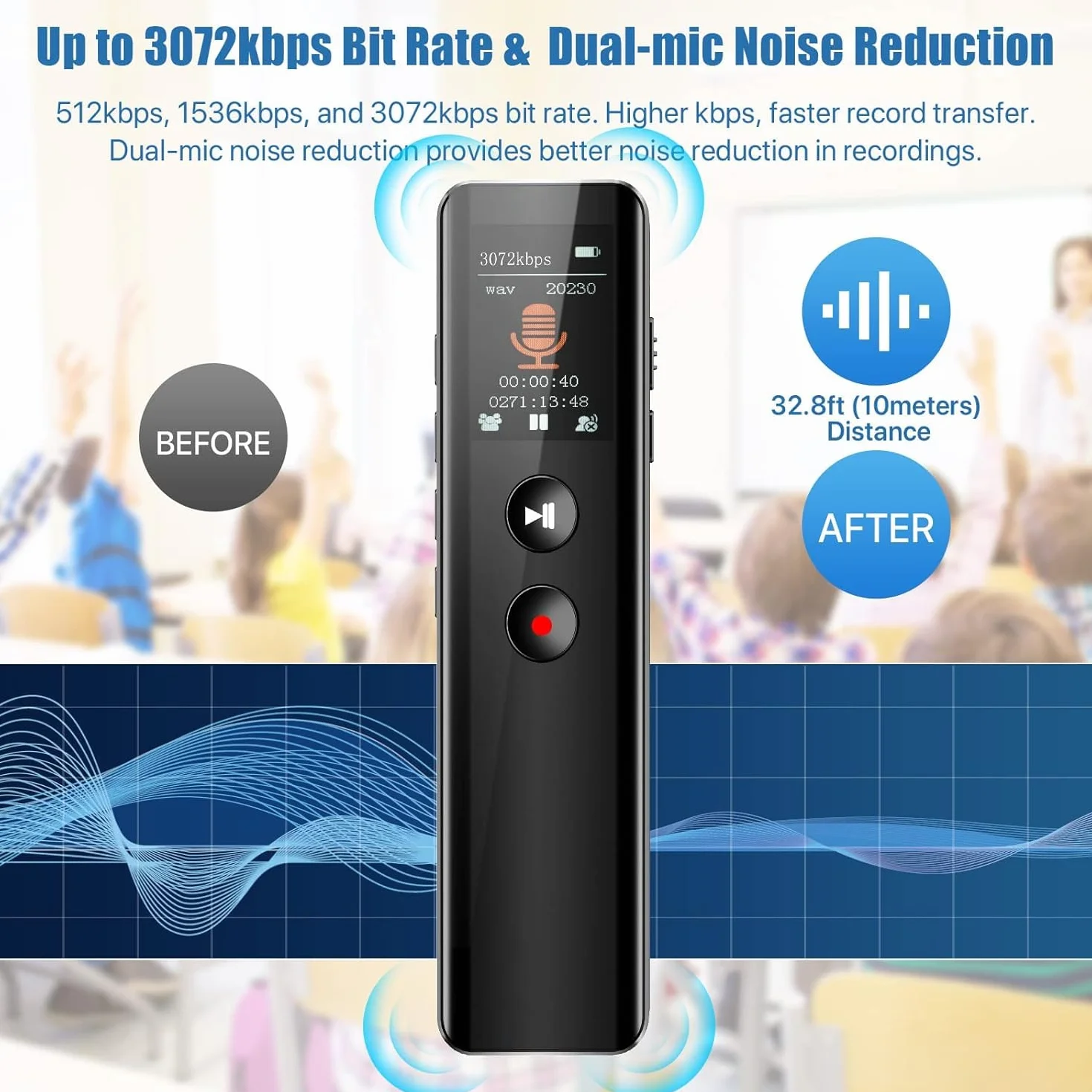 64 GB Digital Voice Recorder, aktywacja głosem, nagrywanie One-Touch Recording 3072 Kbps, dyktafon z odtwarzaniem, redukcją szumów, nagrywanie dźwięku na spotkania/wywiady/zajęcia