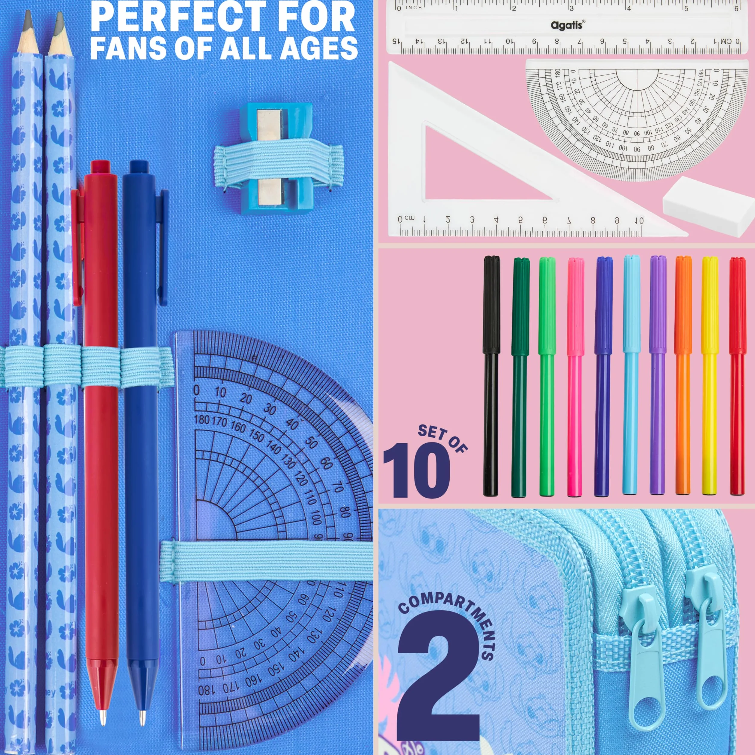 Disney Piórnik Stitch dla dziewczynek, nastolatków, dzieci z 2 przegródkami na kolorki, markery, długopisy, gumki, linijki, szkoła, artykuły szkolne, prezenty dla dziewczynek (Niebieski Stitch)