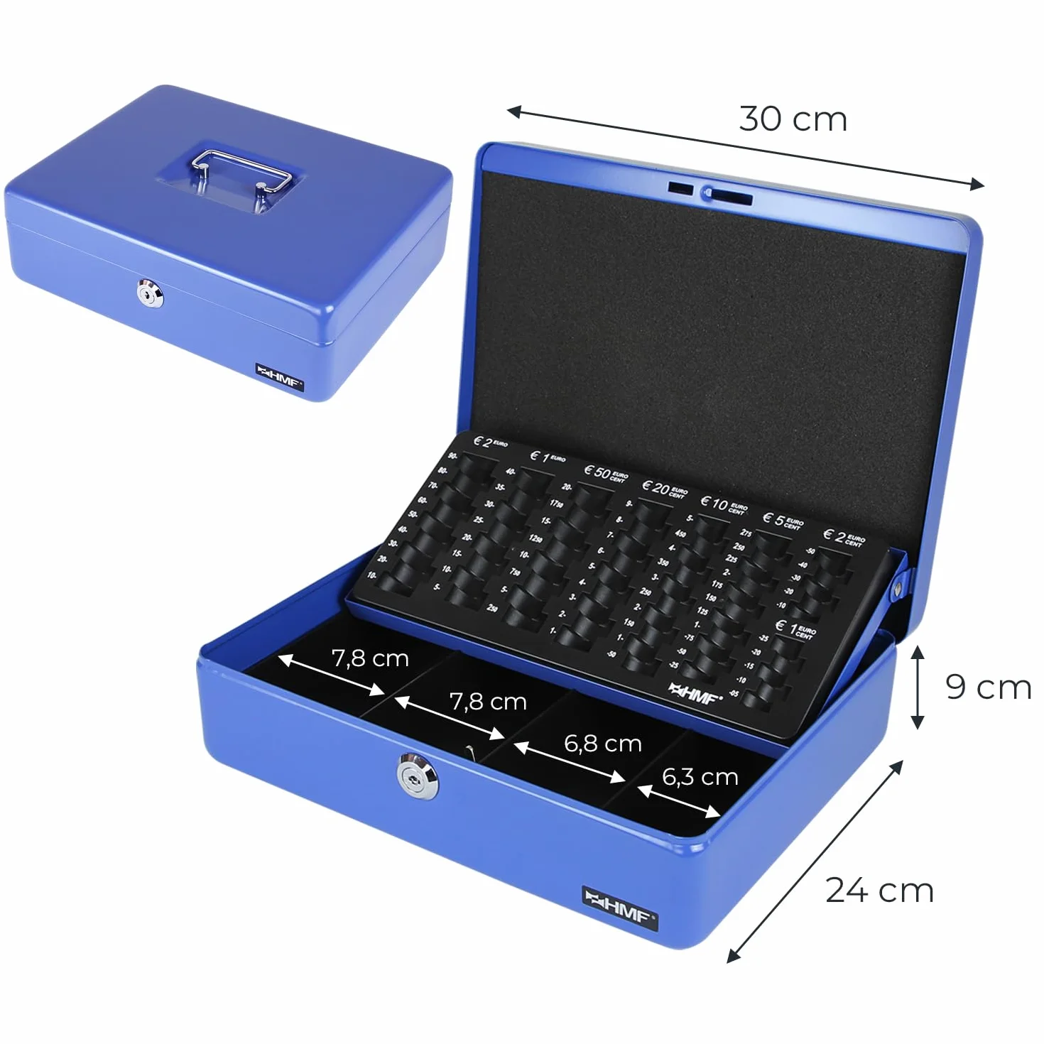 HMF 10015-05 kasetka na pieniądze z tacą na monety euro 30 x 24 x 9 cm, niebieska