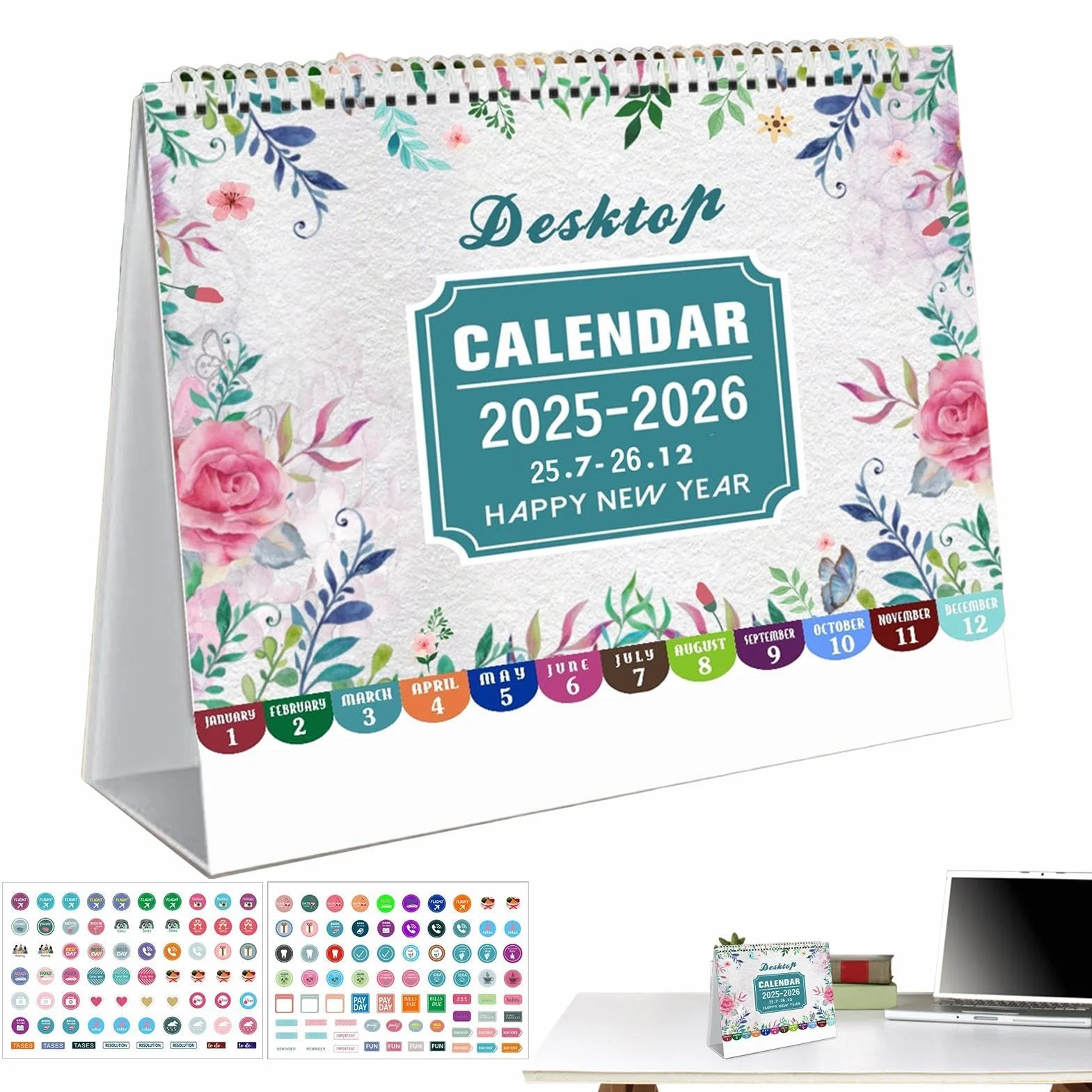 Desktop Calendar 2025-2026, Monthly Planner, 8x7.8 Inch with Stickers for Home School