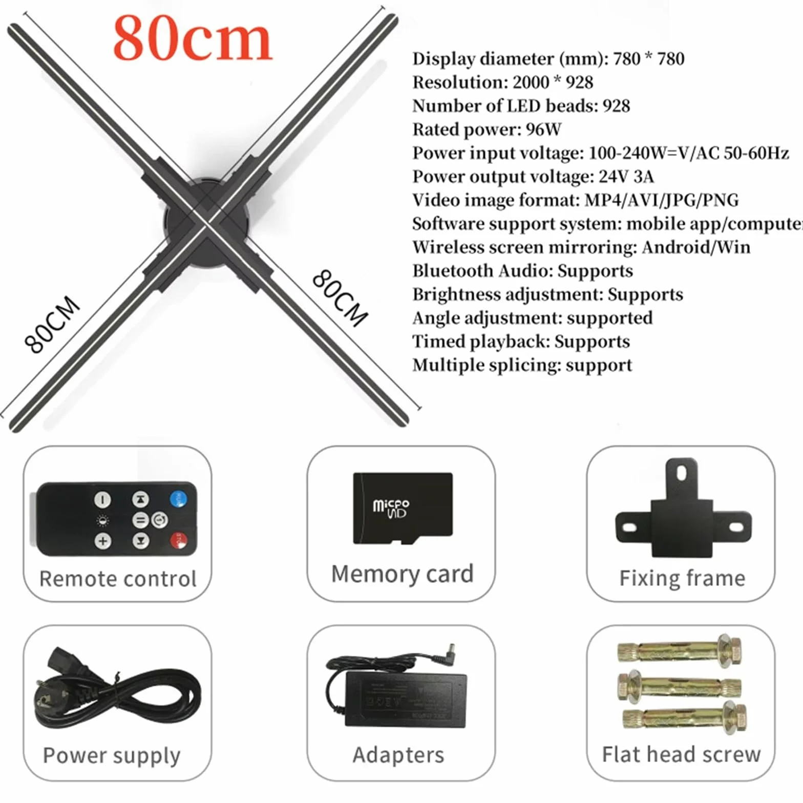 80CM 3D Hologram Projector Fan 928 LED beads Holographic Player 2000 * 928 support Video Shop Advertising Display Festival Light