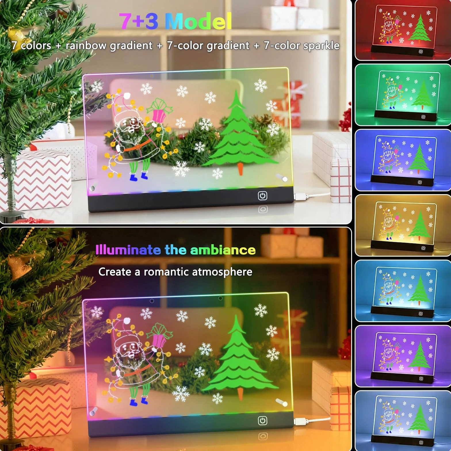 Tablica LED na notatki z farbami, akrylowa tablica na notatki z 7 kolorowymi pisakami, z regulowanym stojakiem, przezroczysta, świecąca tablica LED (30 x 20 cm)