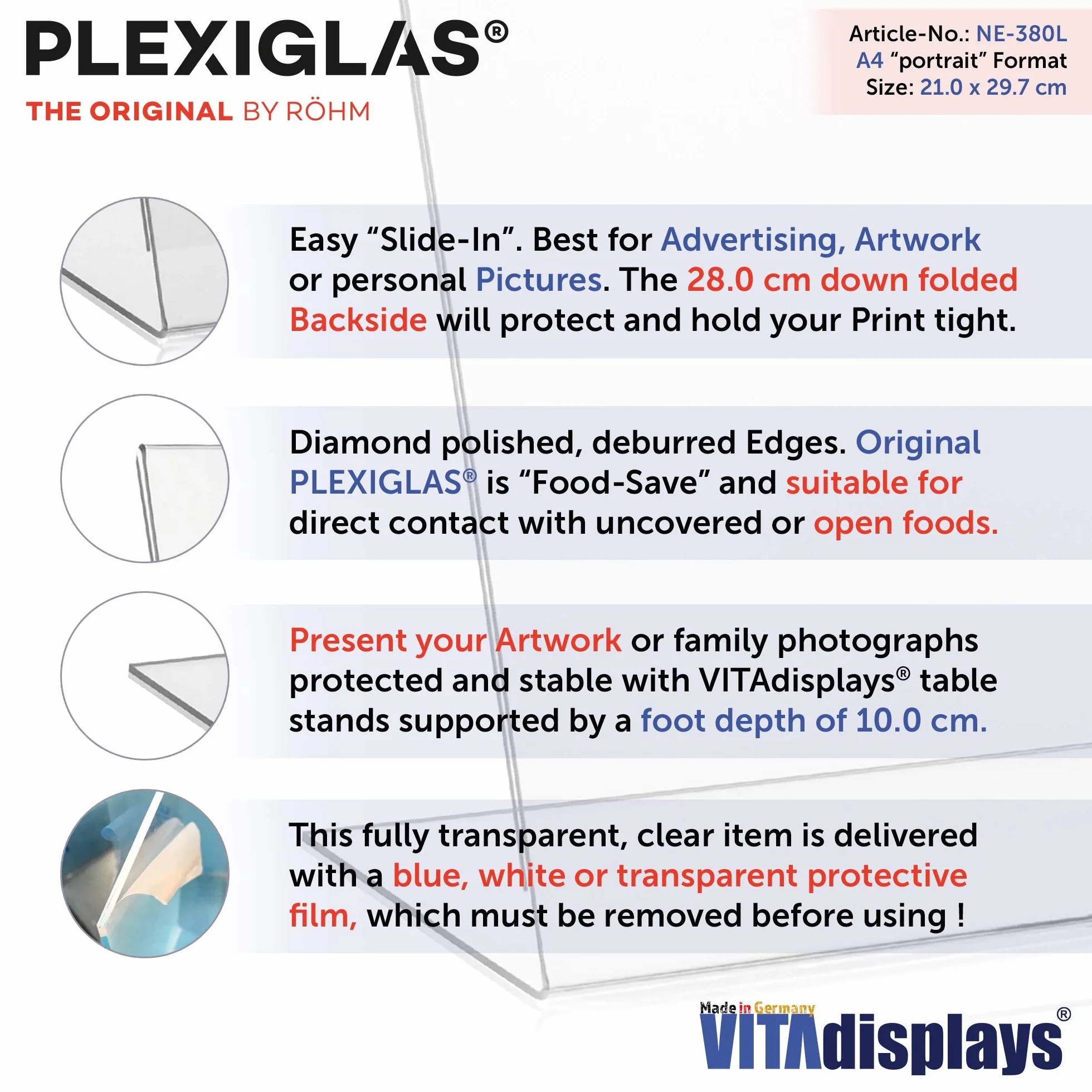 VITAdisplays® stojak DIN A4 L/stojak reklamowy, ukośny, szkło akrylowe, przezroczysty
