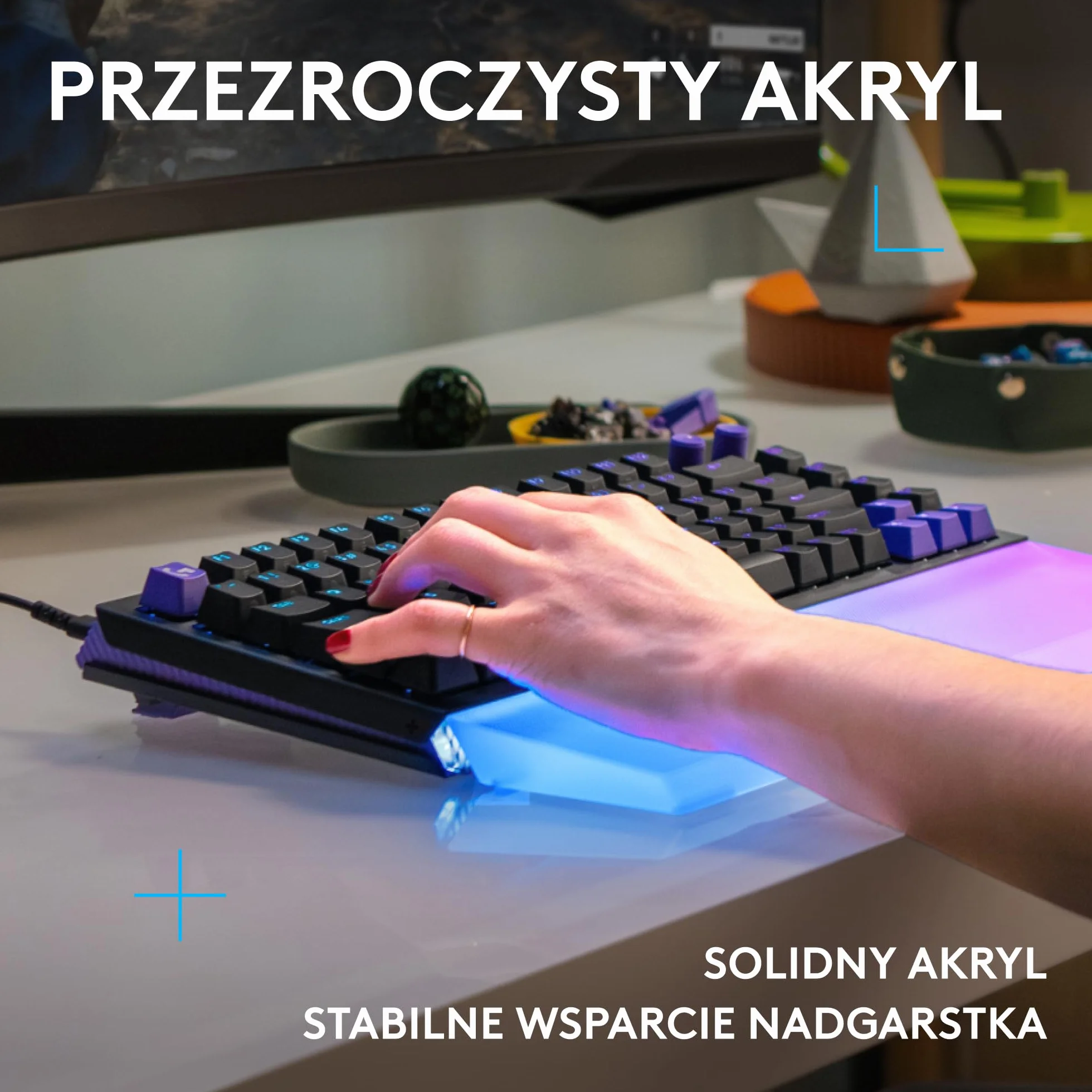 Logitech G G512 X PALM REST 98, LIGHTSYNC RGB – akrylowa podpórka pod nadgarstki z grawerem laserowym, która wzmacnia efekt świetlny, zaprojektowana dla modelu G512 X 98 – Przezroczysta