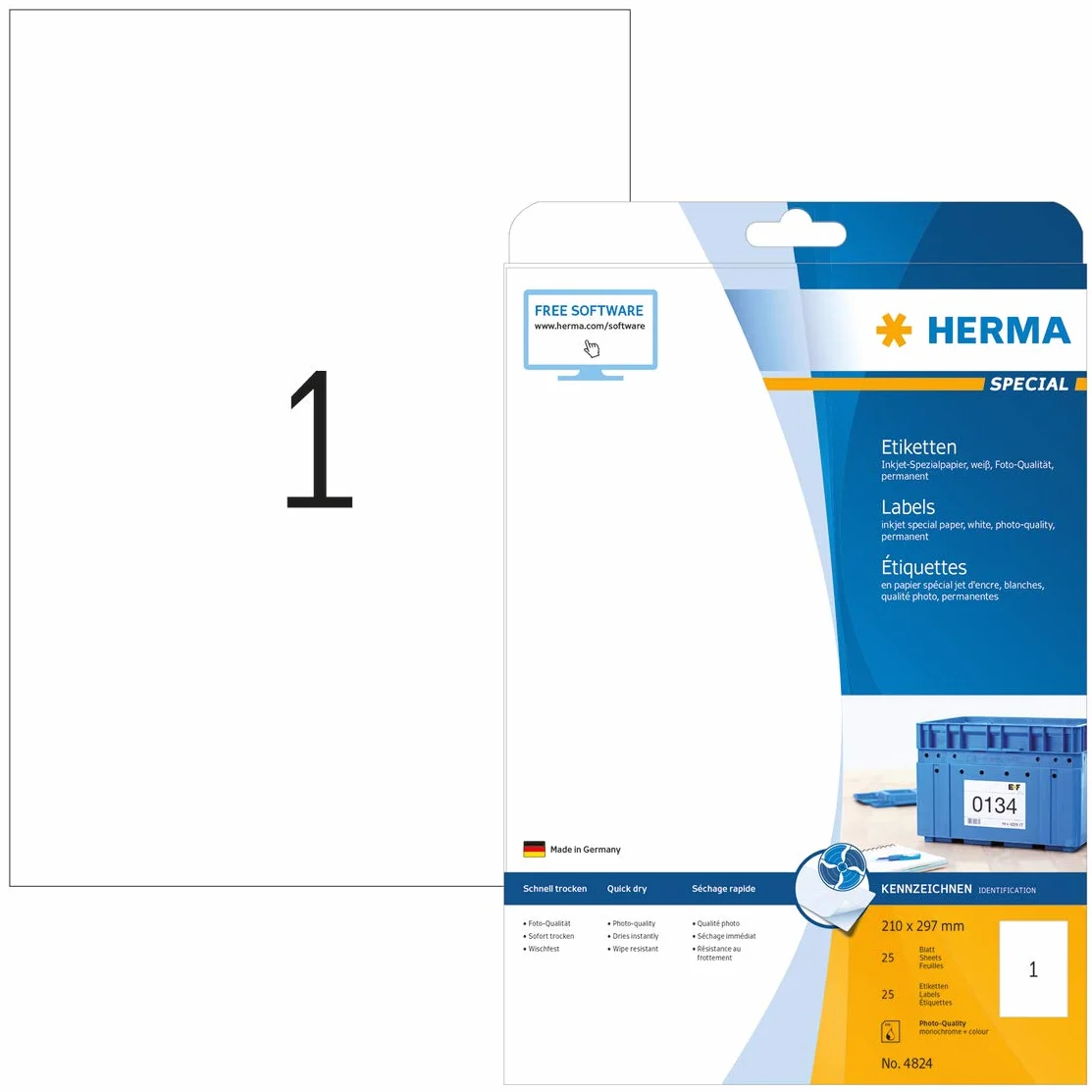 HERMA 4824 uniwersalne etykiety do drukarek atramentowych DIN A4 (210 x 297 mm, 25 arkuszy, papier, matowy) samoprzylepne, do zadrukowania, permanentne naklejki, 25 etykiet samoprzylepnych, białe