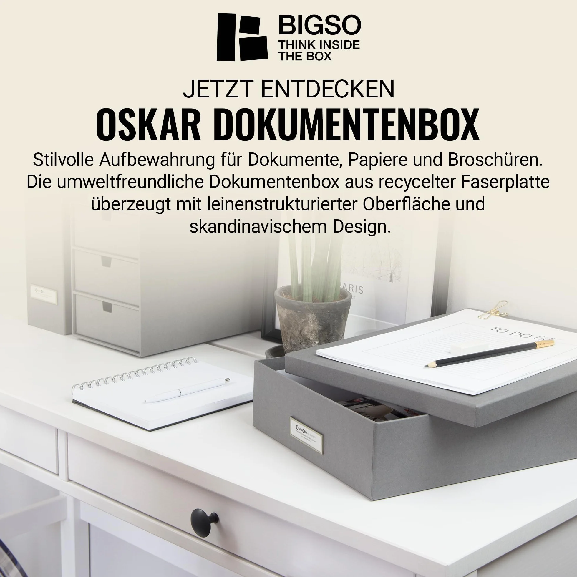 Bigso Box of Sweden OSKAR Pudełko na dokumenty A4, broszury itd. – półka na biurko z pokrywką i uchwytem – pudełko do przechowywania z płyty pilśniowej i papieru – szare