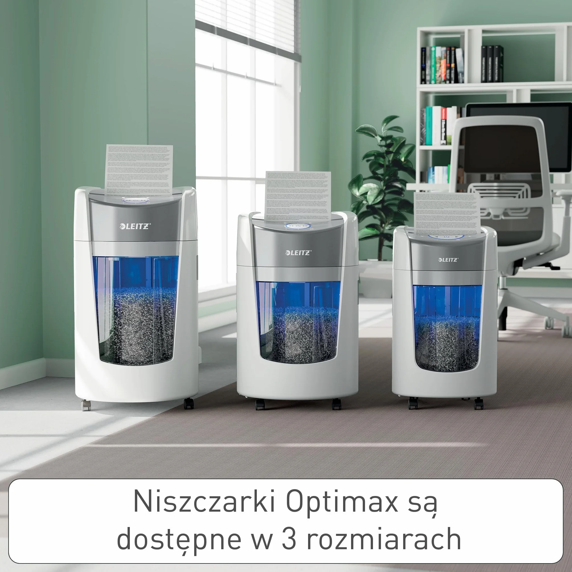 Leitz IQ OptiMax Small Office 225 niszczarka mikrocięcie, pojemnik 15 L (225 arkuszy), niszczy 8–9 kartek (70–80 g/m²), czas pracy 20 min, technologia obrotowa, +45% pojemności, poziom P5