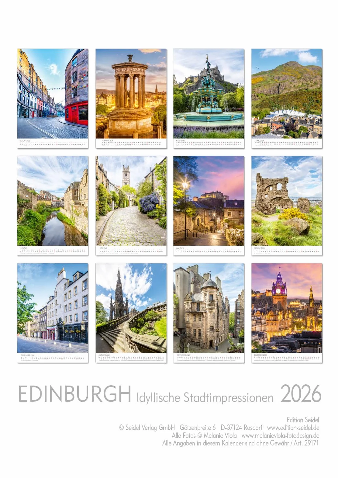 Edition Seidel Kalendarz Edinburgh 2026 DIN A3 Kalendarz Ścienny Wielka Brytania Szkocja Calton Hill Zamek Edynburski