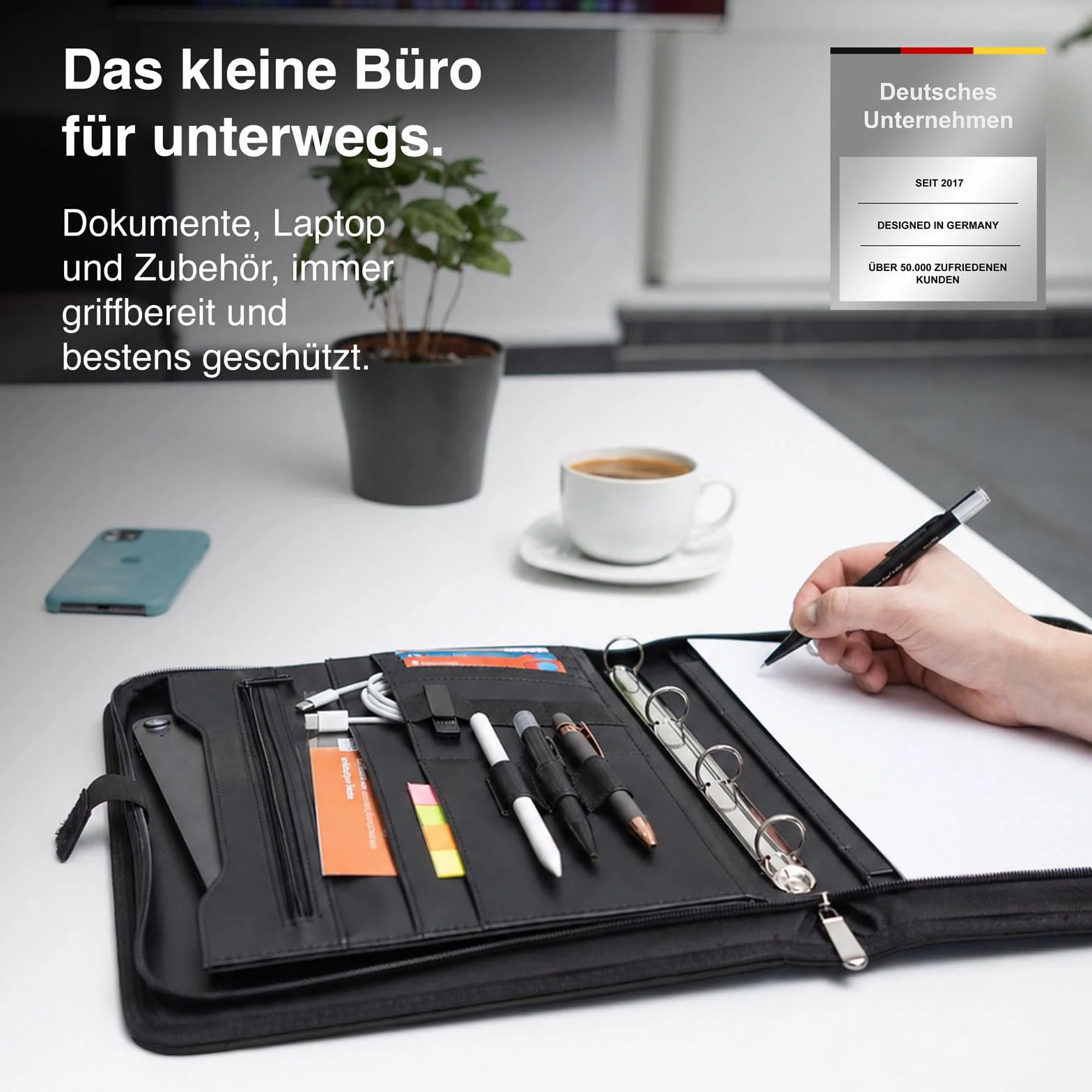 Vebon® A4 teczka na dokumenty "Berlin", zamek błyskawiczny + teczka na bloki, wykładowca + torba na laptopa, dodatkowe miejsce do przechowywania, czarna, sztuczna skóra, czarny, 35,5 x 28 x 3.8 mm