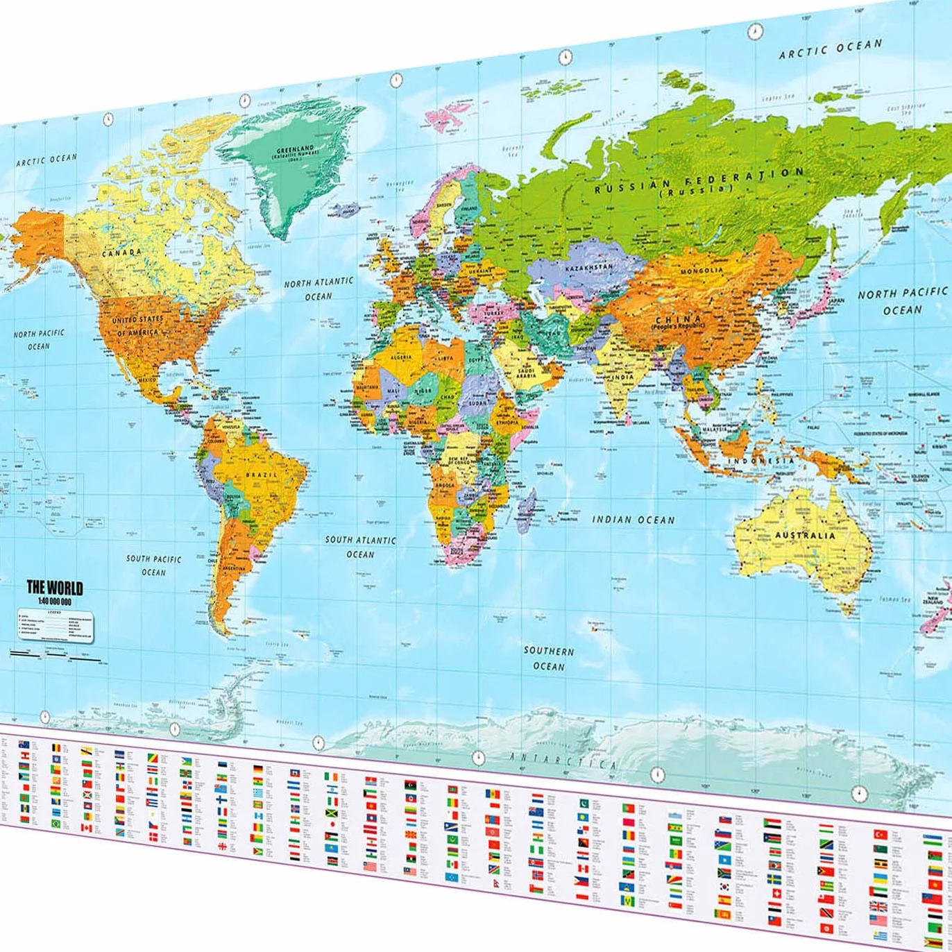 Mapa Świata XXL Plakat w gigantycznym rozmiarze z flagami i banerami - Najwyższa jakość (140x100cm)