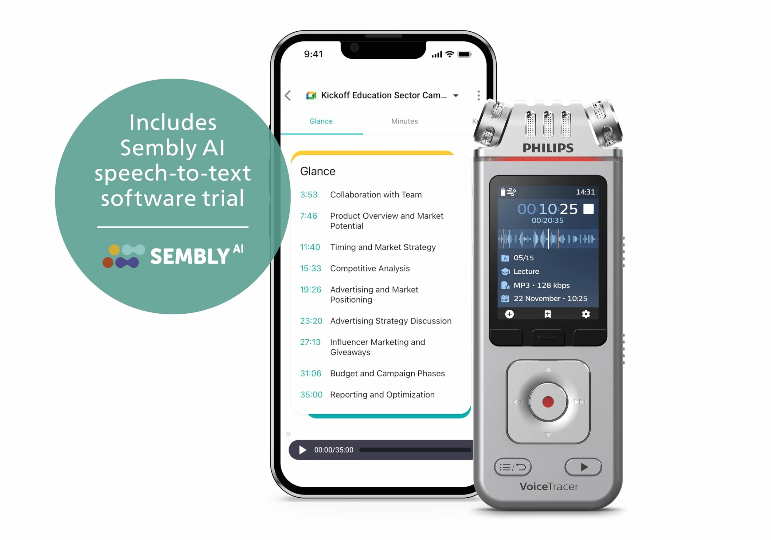 Philips VoiceTracer DVT4115 dyktafon, nagrywarka, 8 GB, MP3 i PCM, 3 mikrofi HiFi. Sembly KI rozpoznawanie mowy, tworzenie streszczeń, protokołów sesji i to-DOS